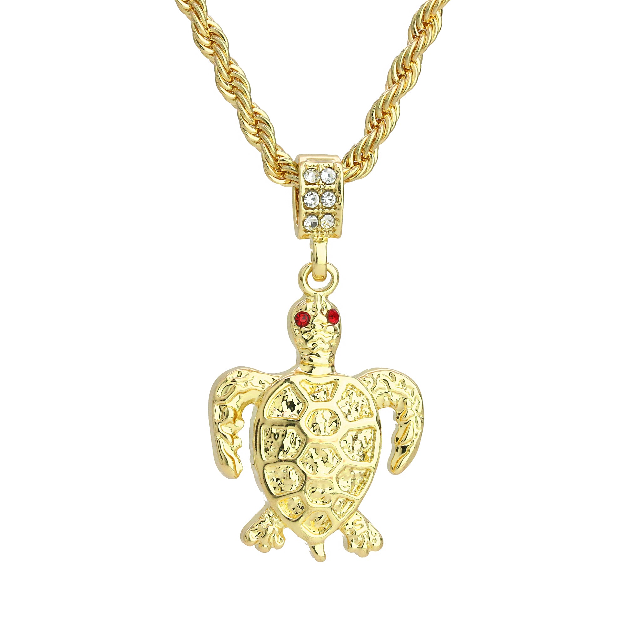 Turtle Red Eye Pendant 4mm 24" Rope Chain 18k Gold Plated