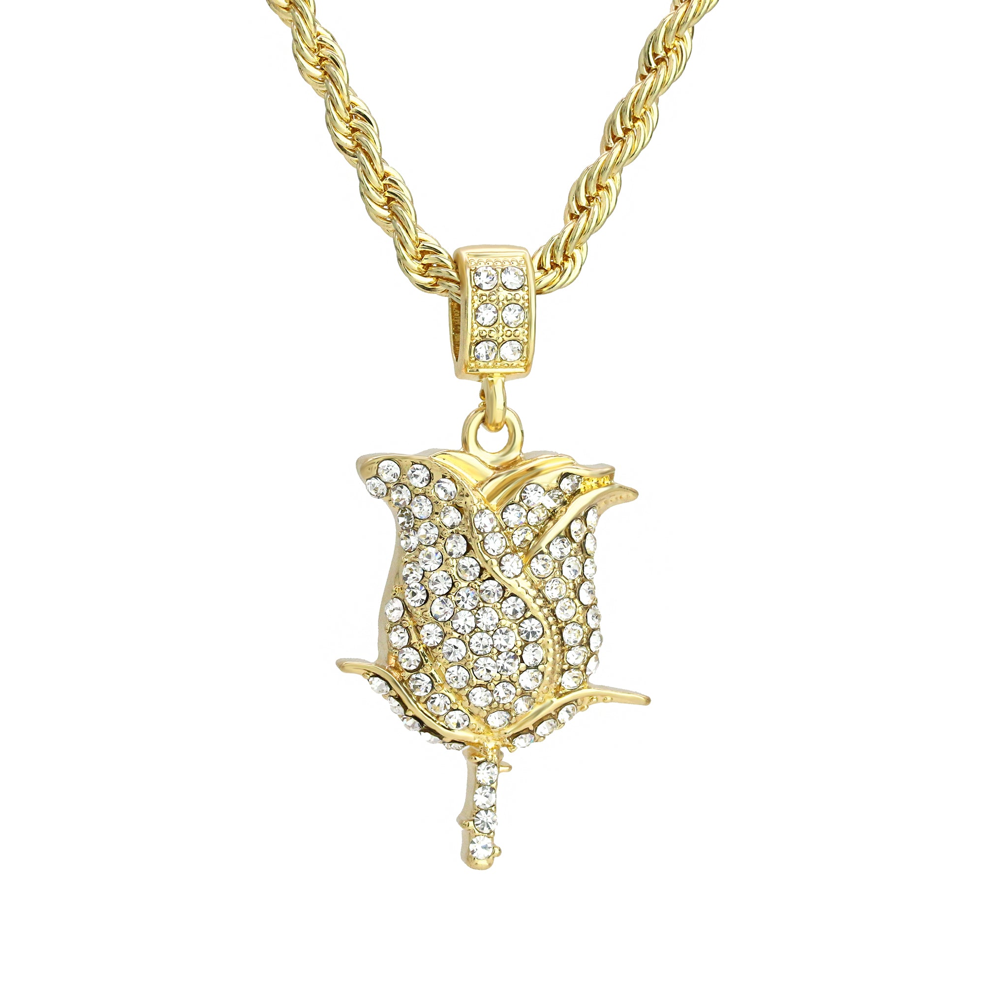 Rose Pendant 4mm 24" Rope Chain 18k Gold Plated