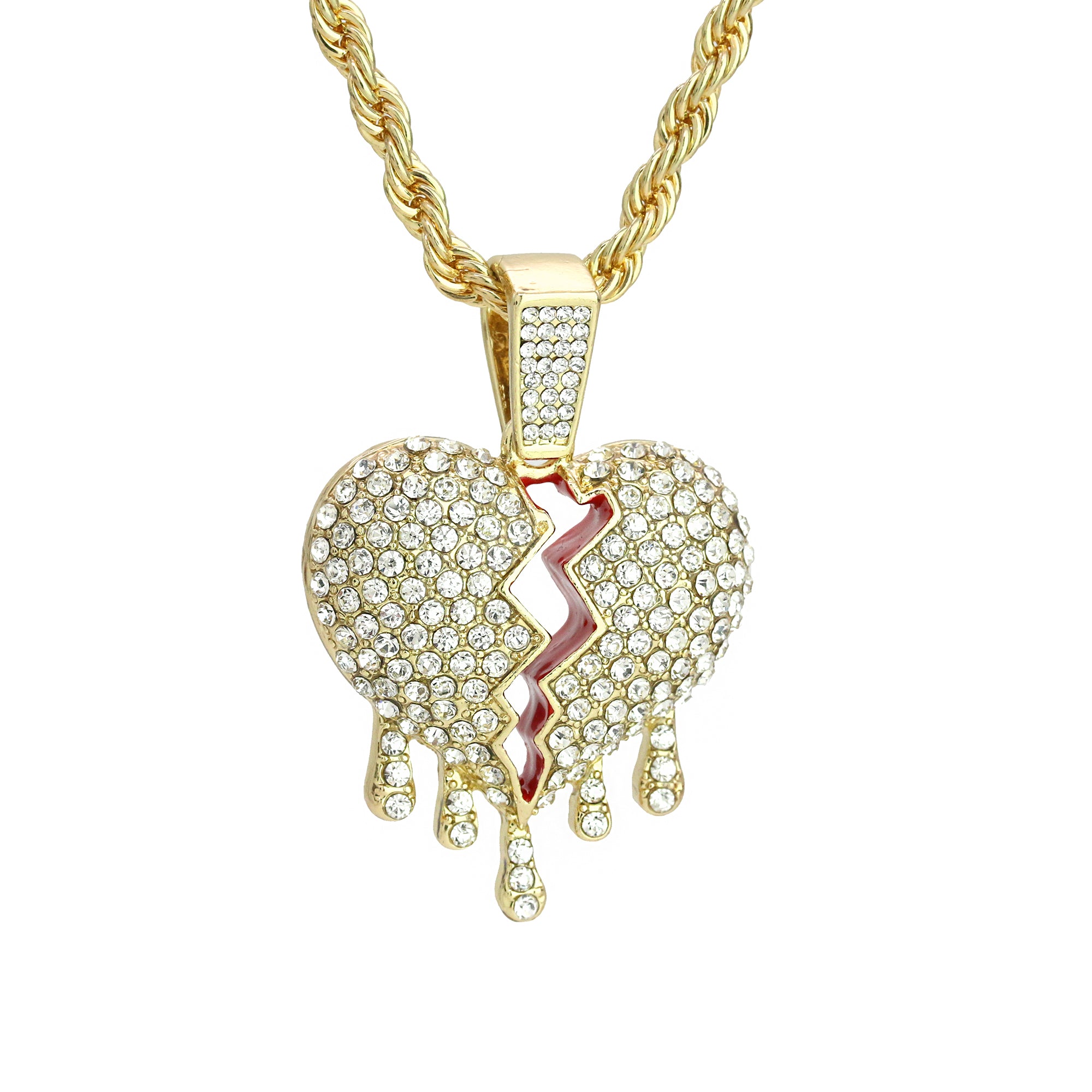 Drip Broken Heart Pendant 4mm 24" Rope Chain 18k Gold Plated