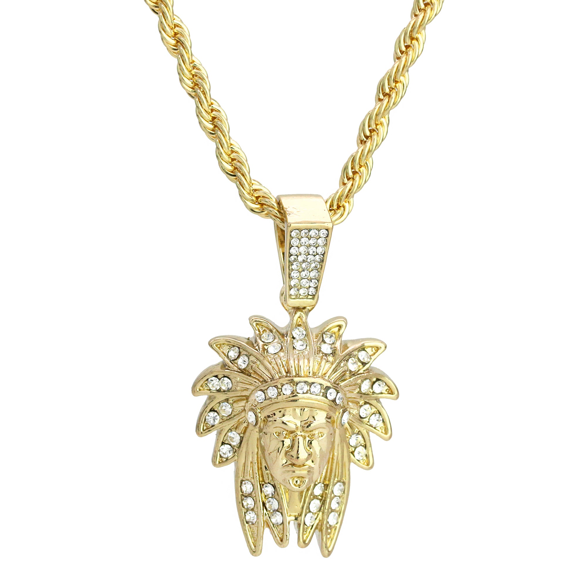 Indian Chief Pendant 4mm 24" Rope Chain 18k Gold Plated