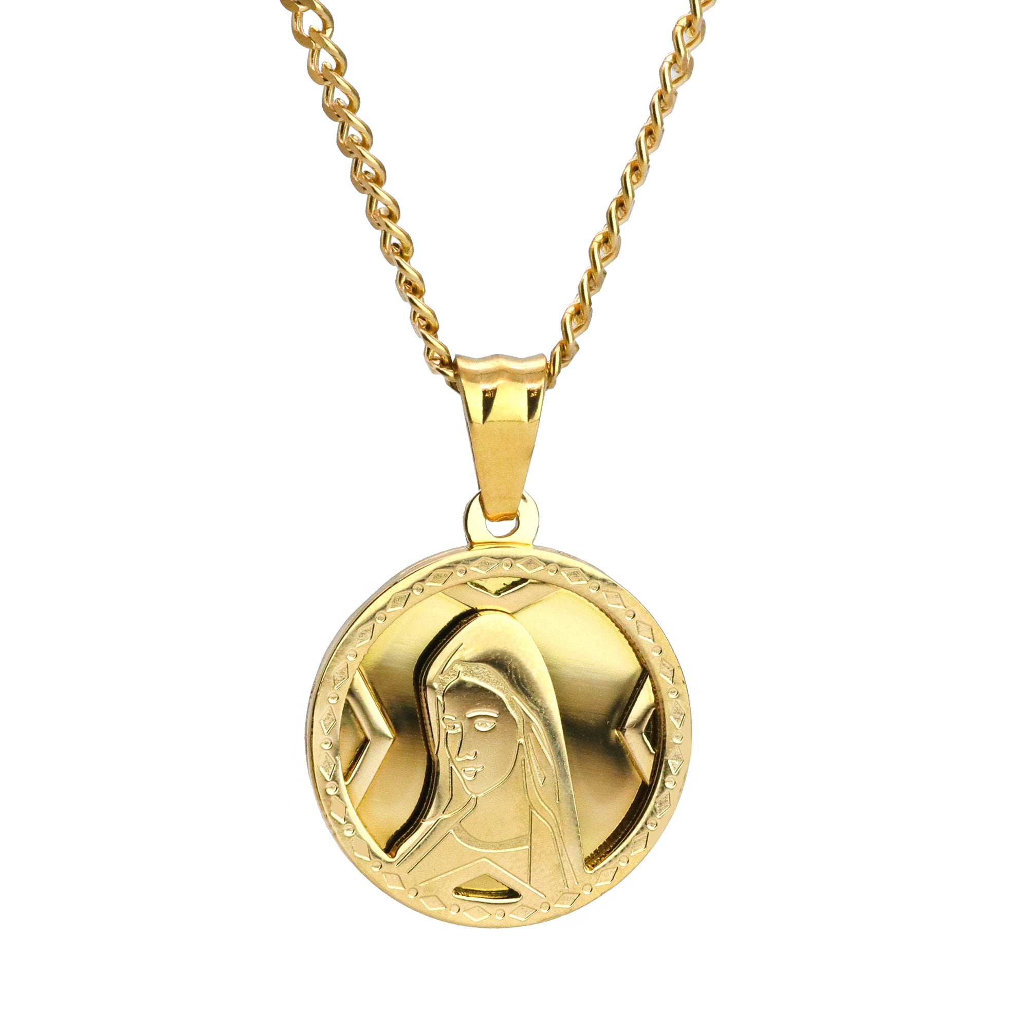 Mary Virgin Medallion Pendant 24" Cuban Chain Hip Hop Style 18k Gold Stainless Steel