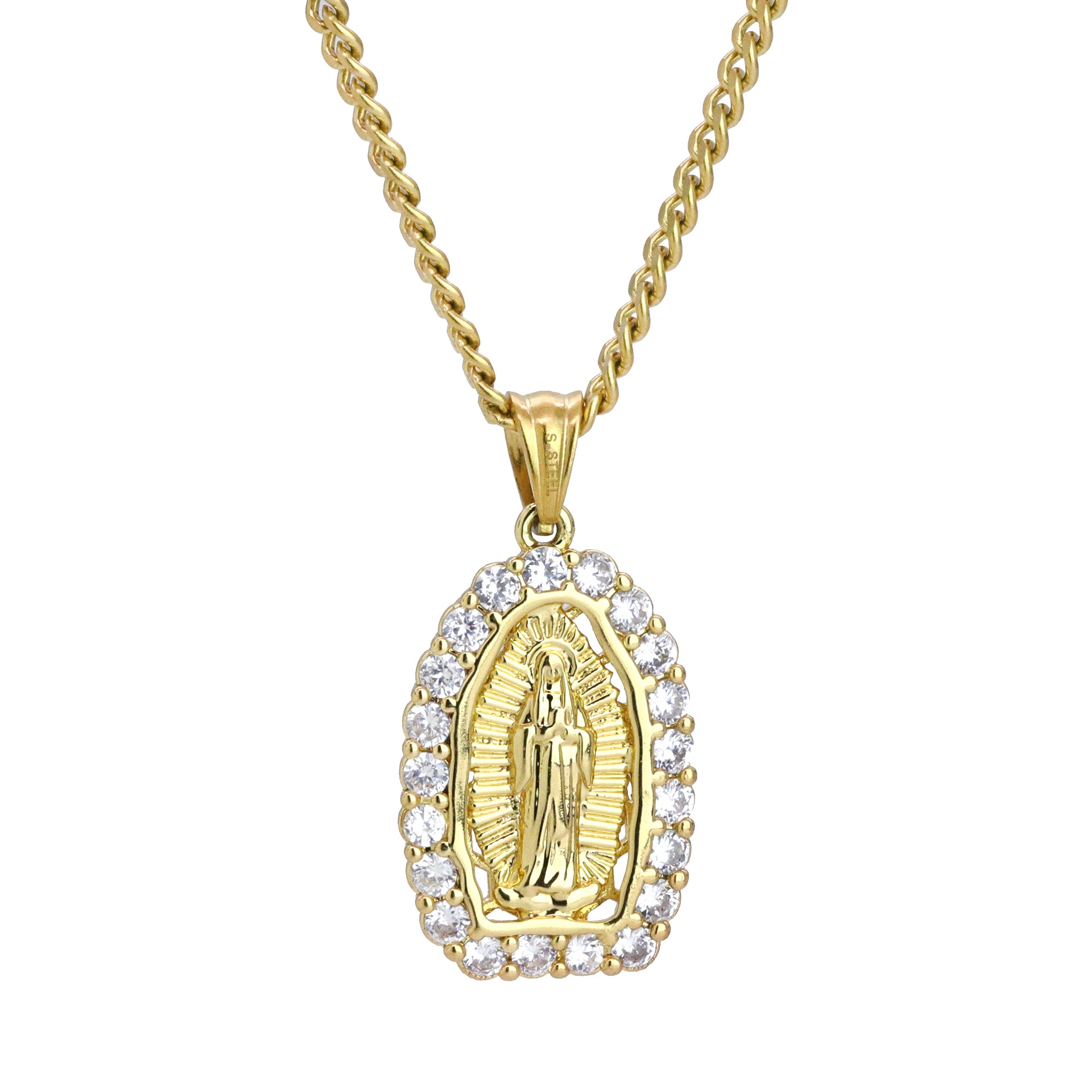Icy Guadalupe Pendant 24" Cuban Chain Hip Hop Style 18k Gold Stainless Steel