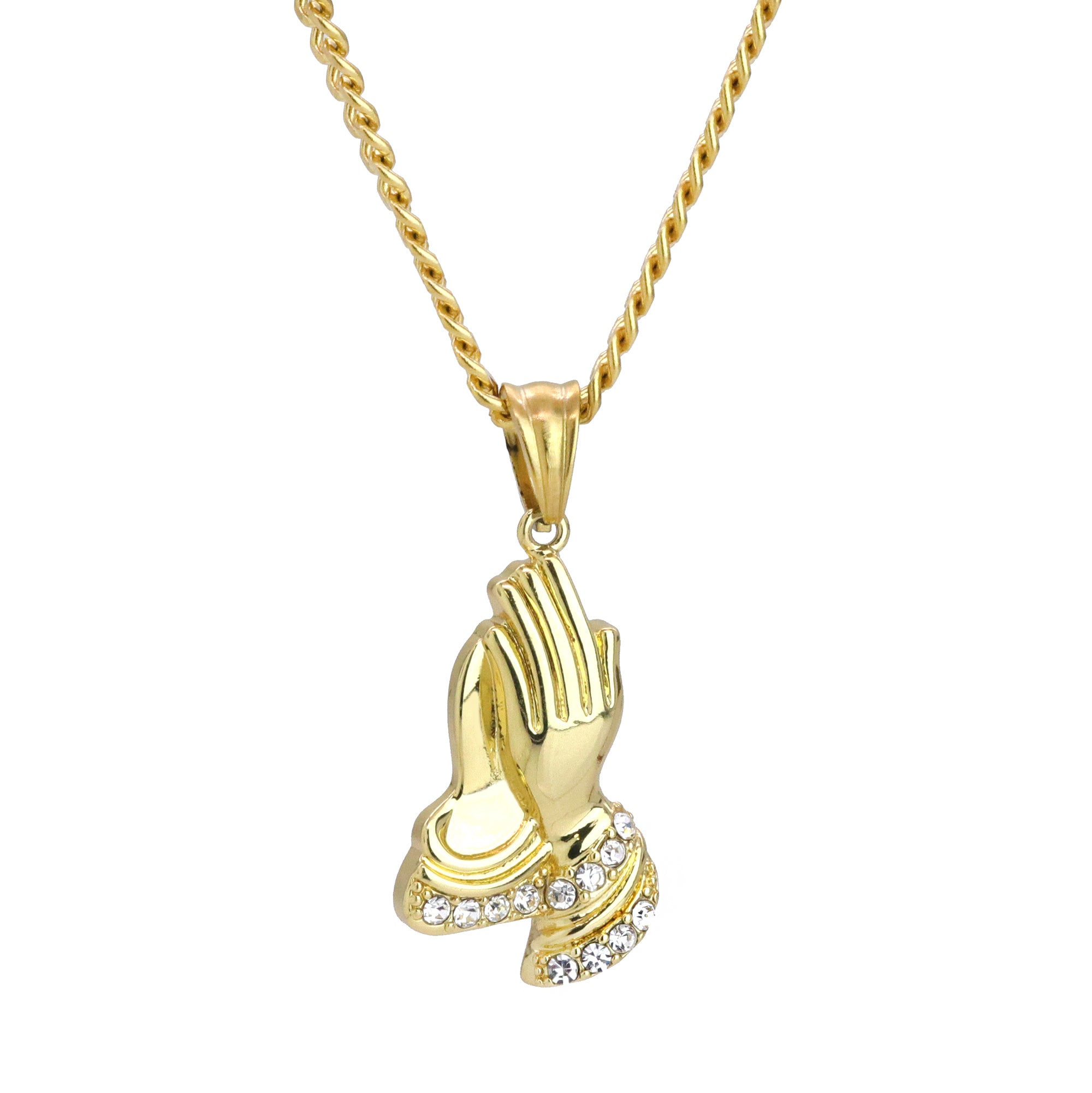 Praying Hands Pendant 24" Cuban Chain Hip Hop Style 18k Gold Stainless Steel