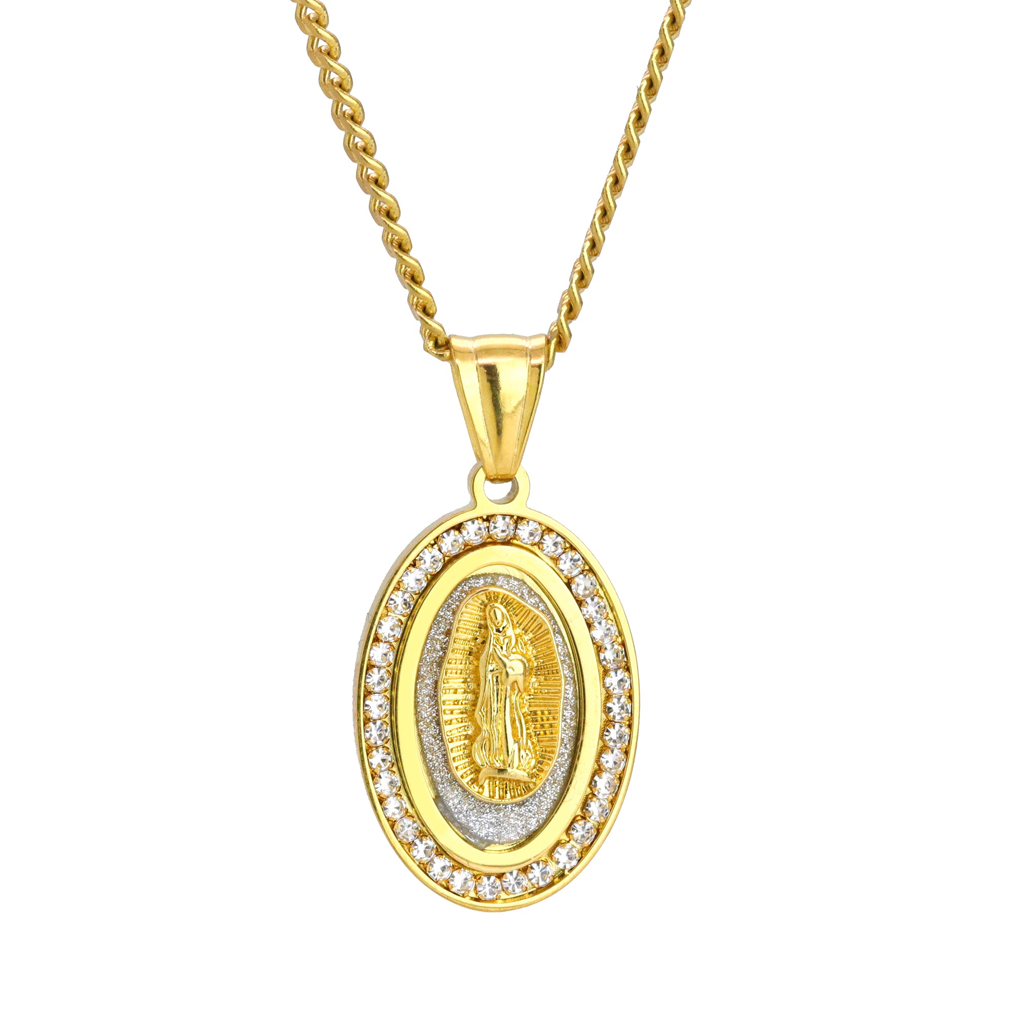 Oval Virgin Guadalupe Pendant 24" Cuban Chain Hip Hop Style 18k Gold Stainless Steel