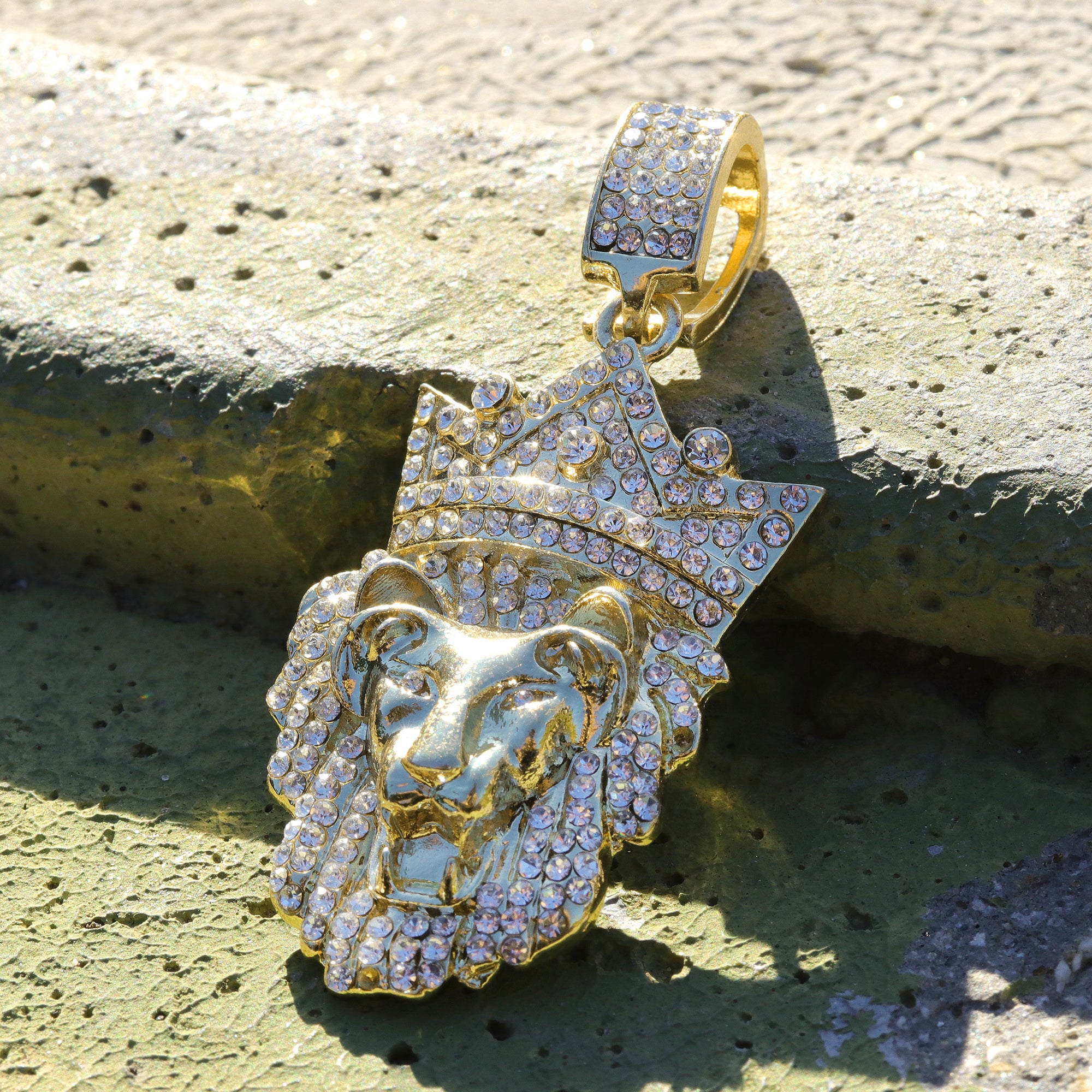 Iced Crown Lion Head Pendant Only Jewelry Hip Hop Style 18k Gold Plated