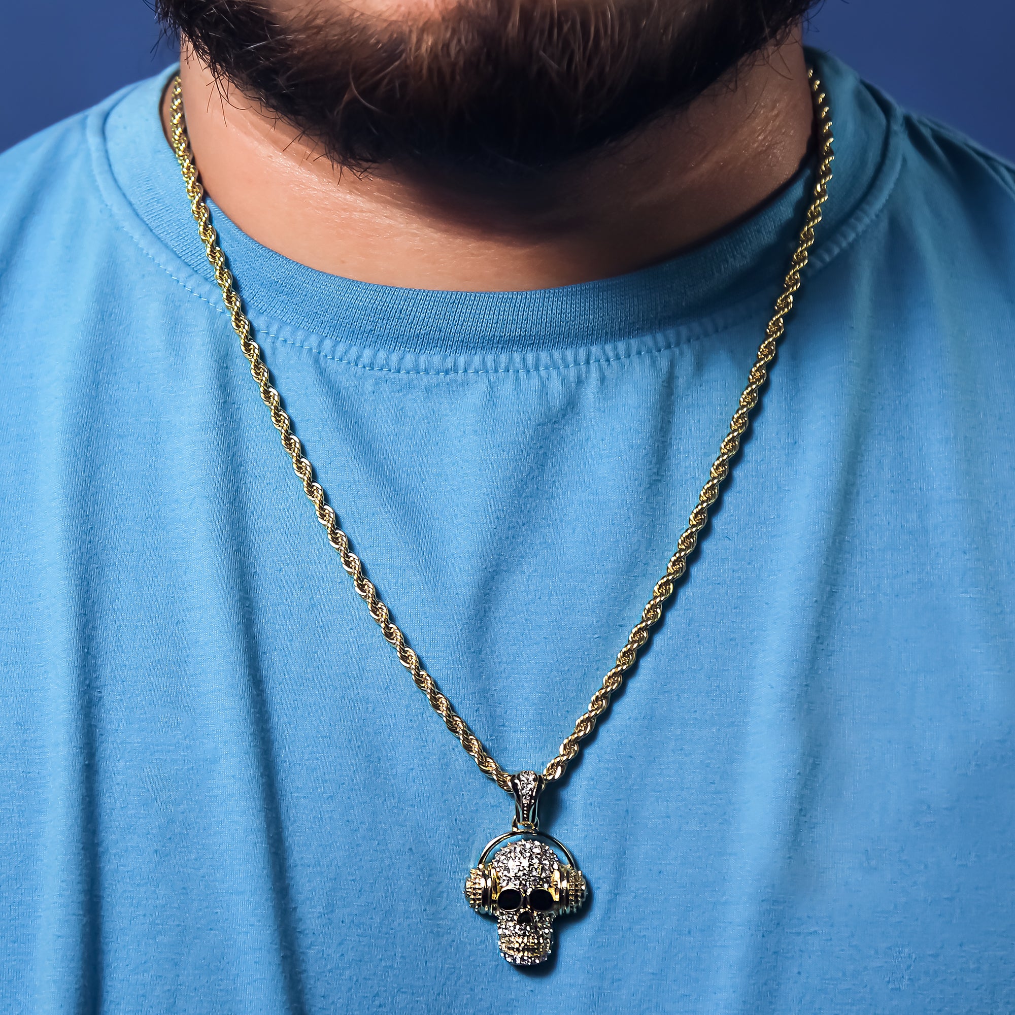 Cz Skull Charm Pendant 4mm 24" Rope Chain 18k Gold Plated