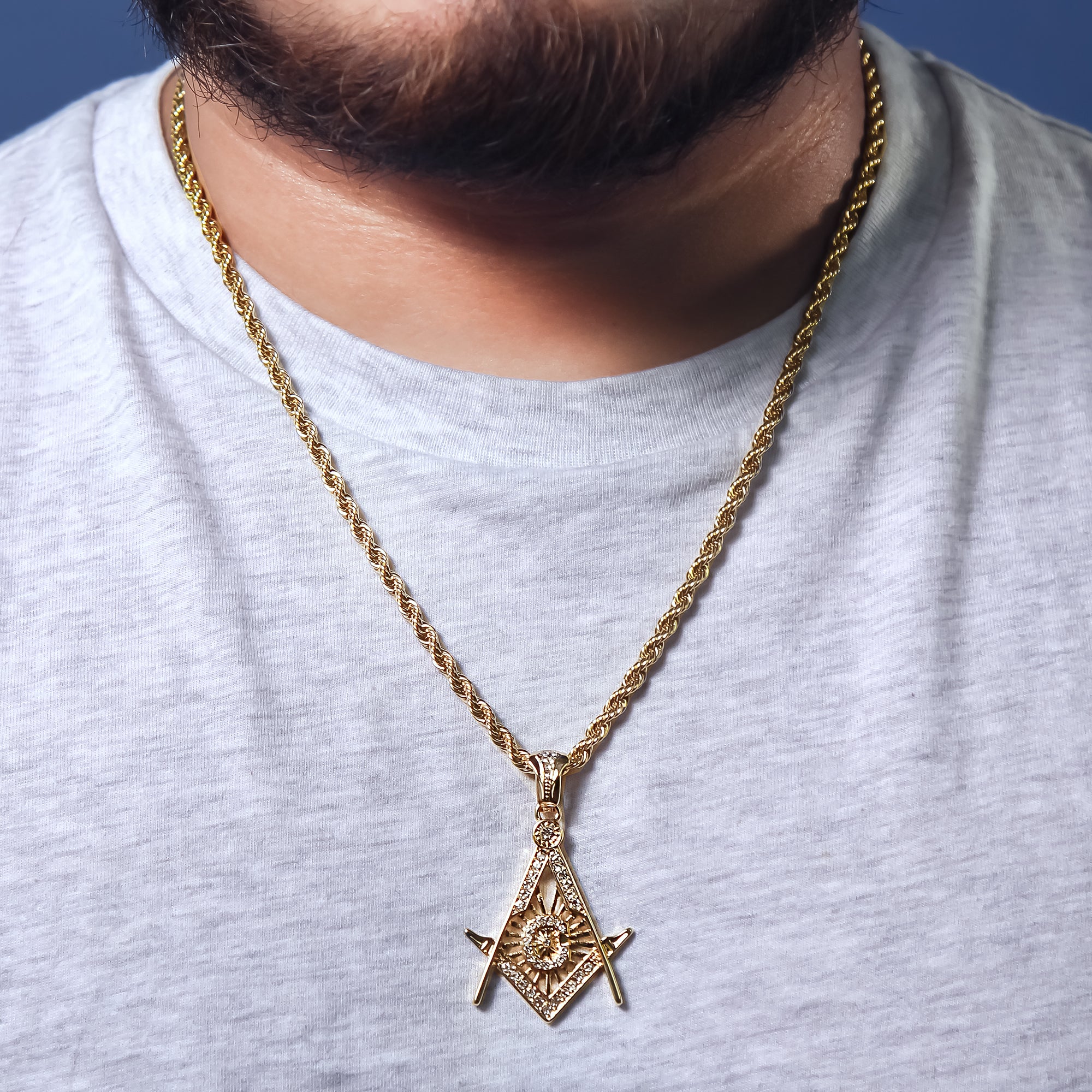 Cz Freemason Charm Pendant 4mm 24" Rope Chain 18k Gold Plated