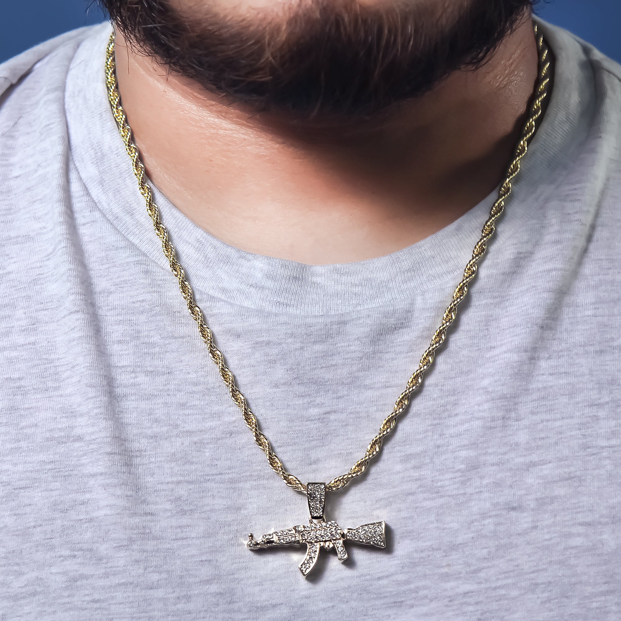 Cz AK47 Charm Pendant 4mm 24" Rope Chain 18k Gold Plated