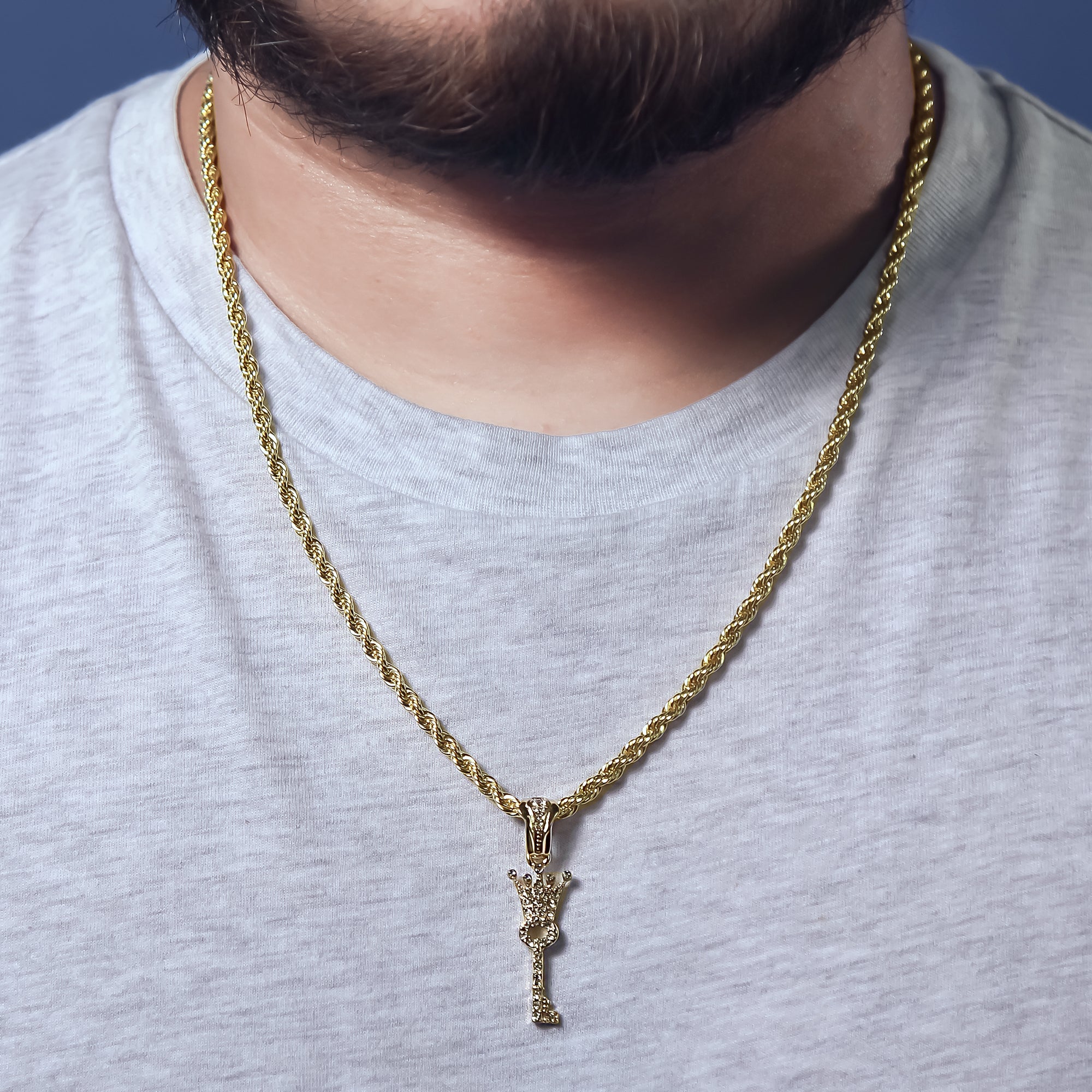 Cz Crown Key Charm Pendant 4mm 24" Rope Chain 18k Gold Plated