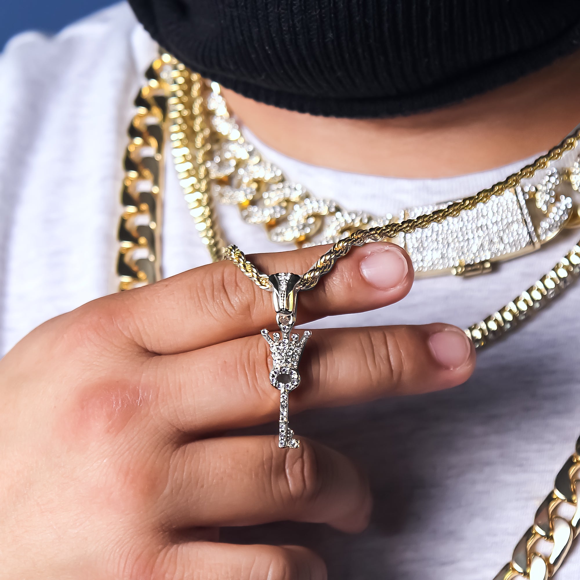 Cz Crown Key Charm Pendant 4mm 24" Rope Chain 18k Gold Plated