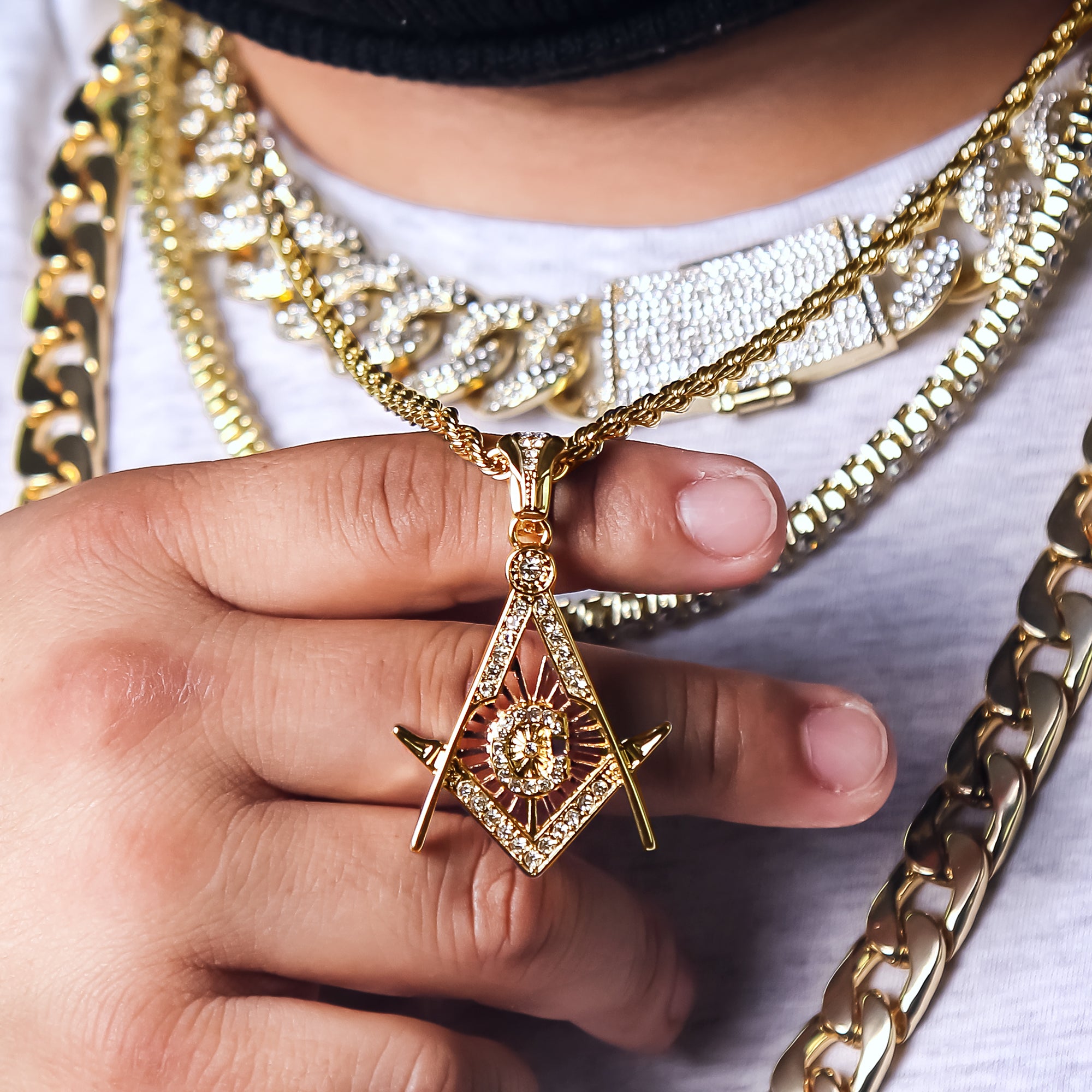 Cz Freemason Charm Pendant 4mm 24" Rope Chain 18k Gold Plated