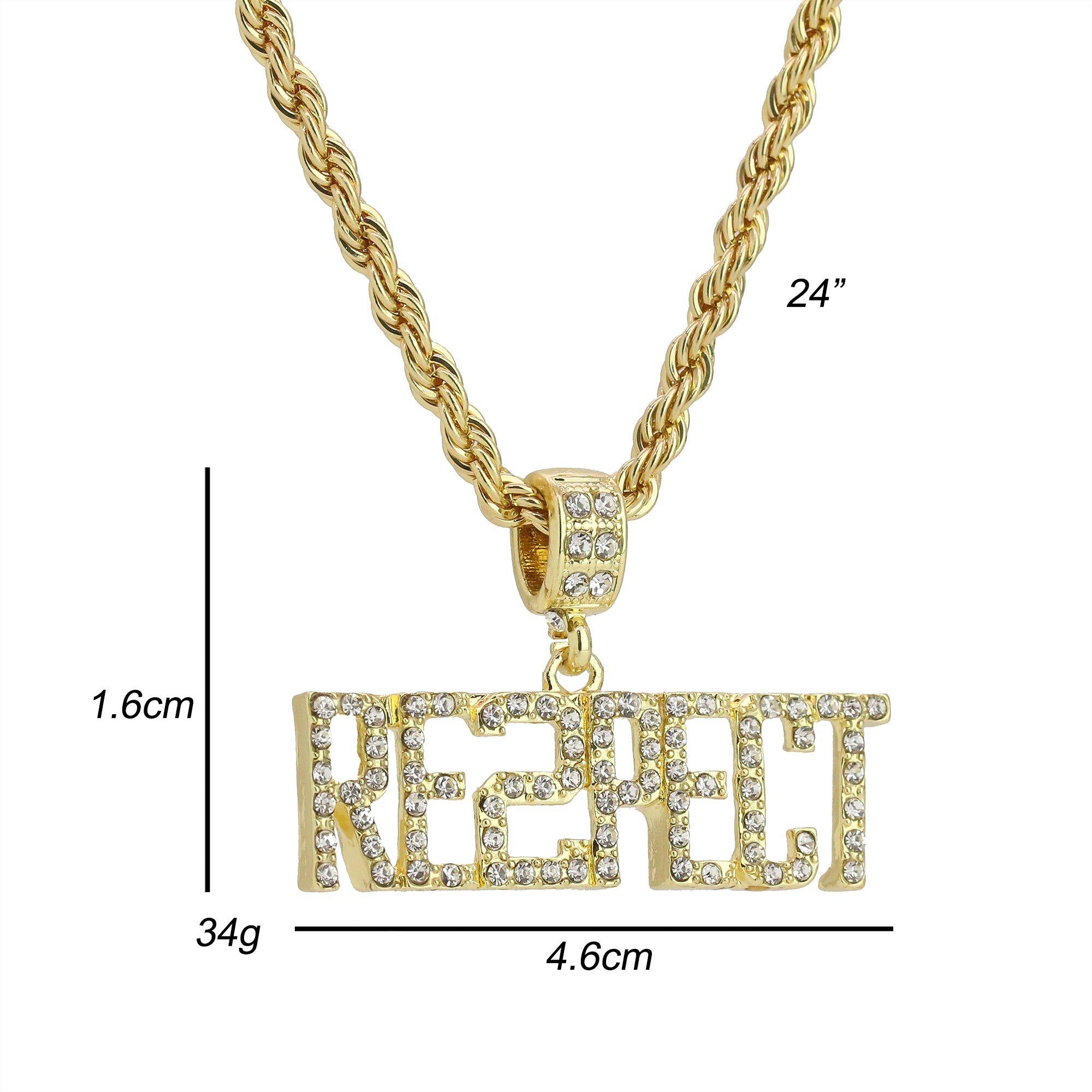 Cz Respect Pendant 24" Rope Chain Men's Hip Hop Style 18k Jewelry Necklace