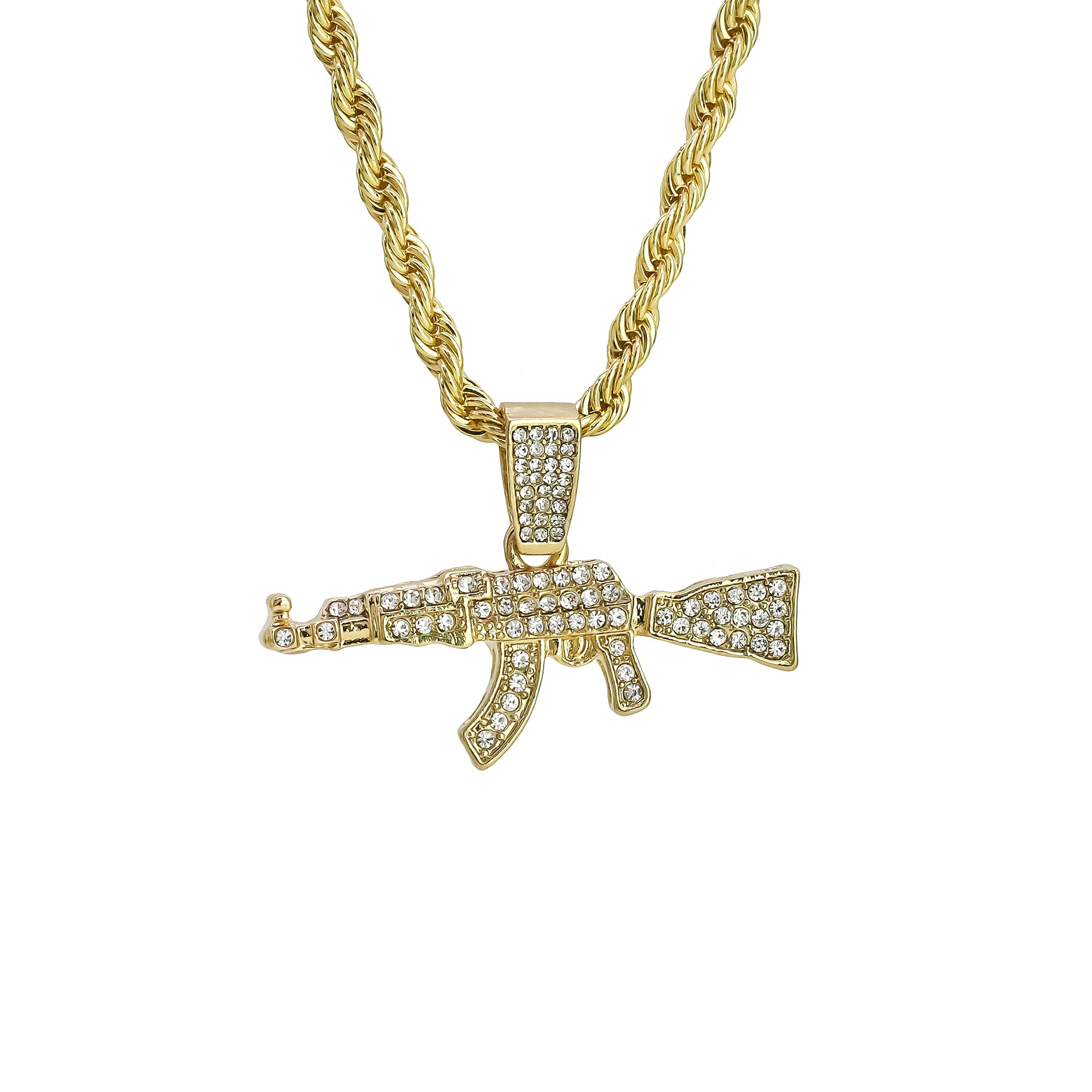 Cz AK47 Charm Pendant 4mm 24" Rope Chain 18k Gold Plated