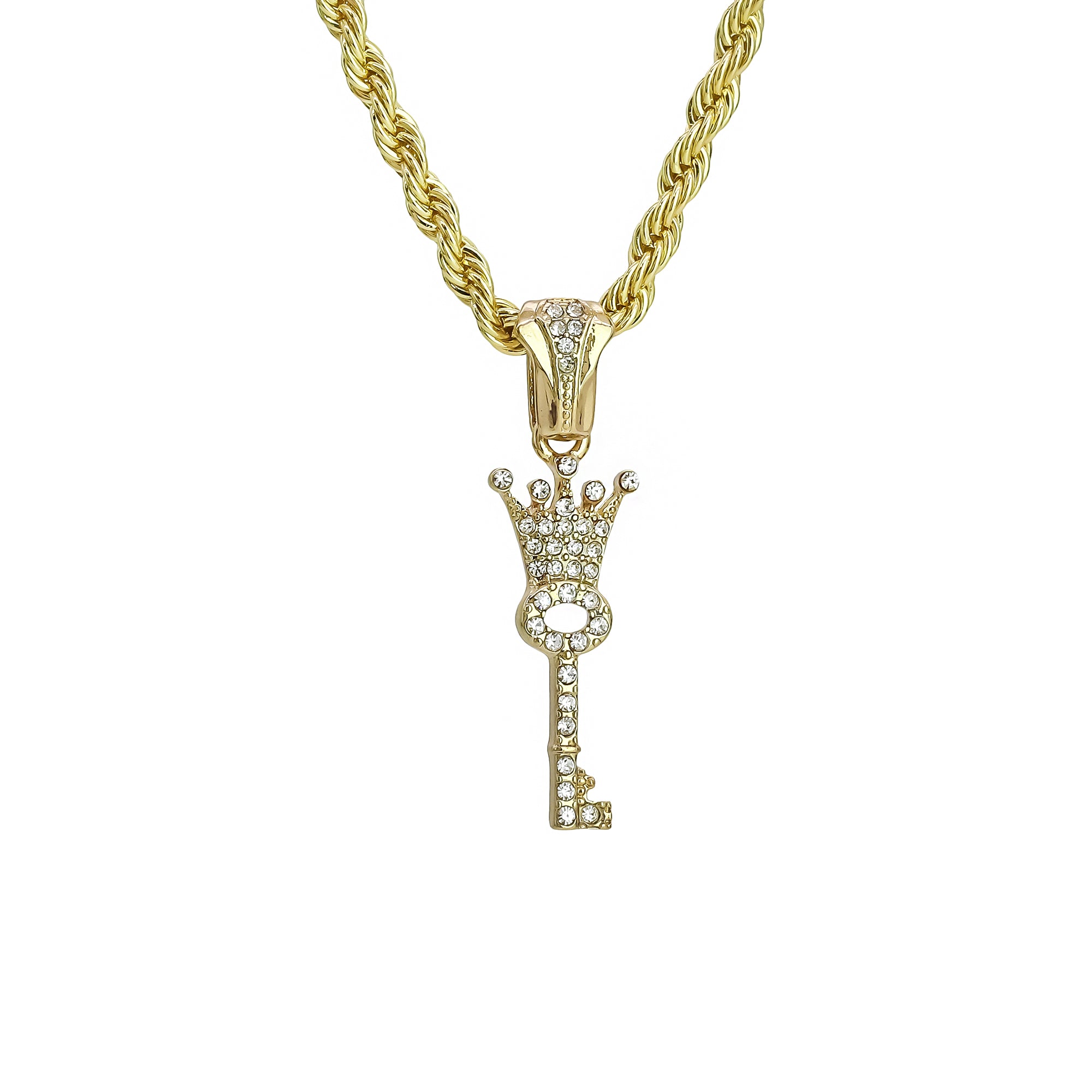 Cz Crown Key Charm Pendant 4mm 24" Rope Chain 18k Gold Plated