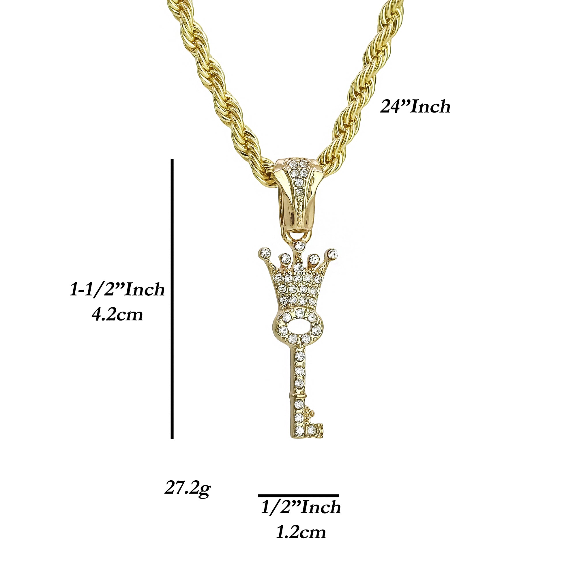 Cz Crown Key Charm Pendant 4mm 24" Rope Chain 18k Gold Plated