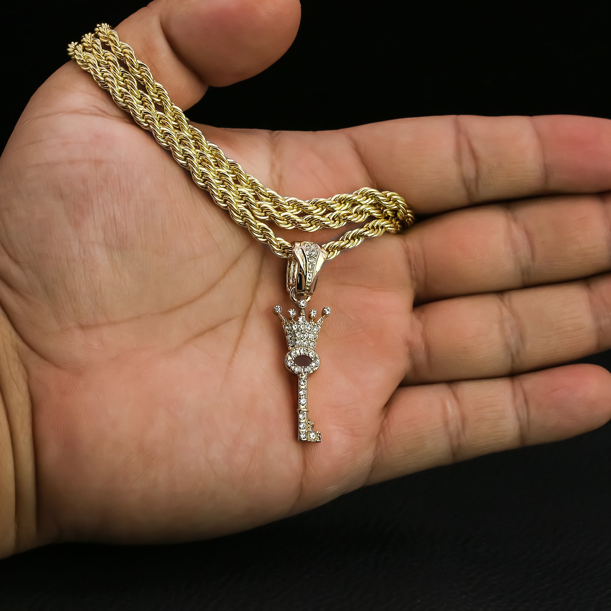 Cz Crown Key Charm Pendant 4mm 24" Rope Chain 18k Gold Plated