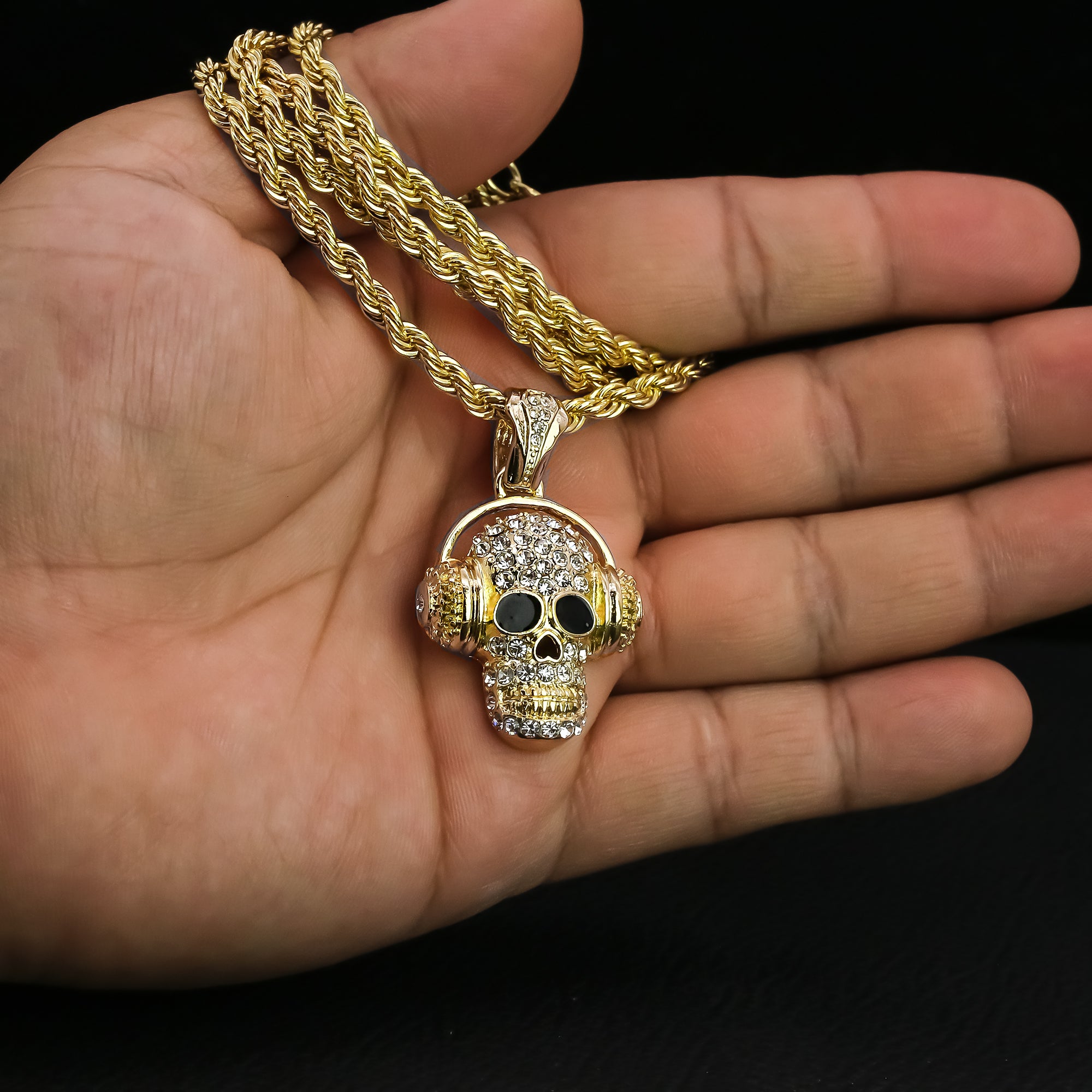 Cz Skull Charm Pendant 4mm 24" Rope Chain 18k Gold Plated