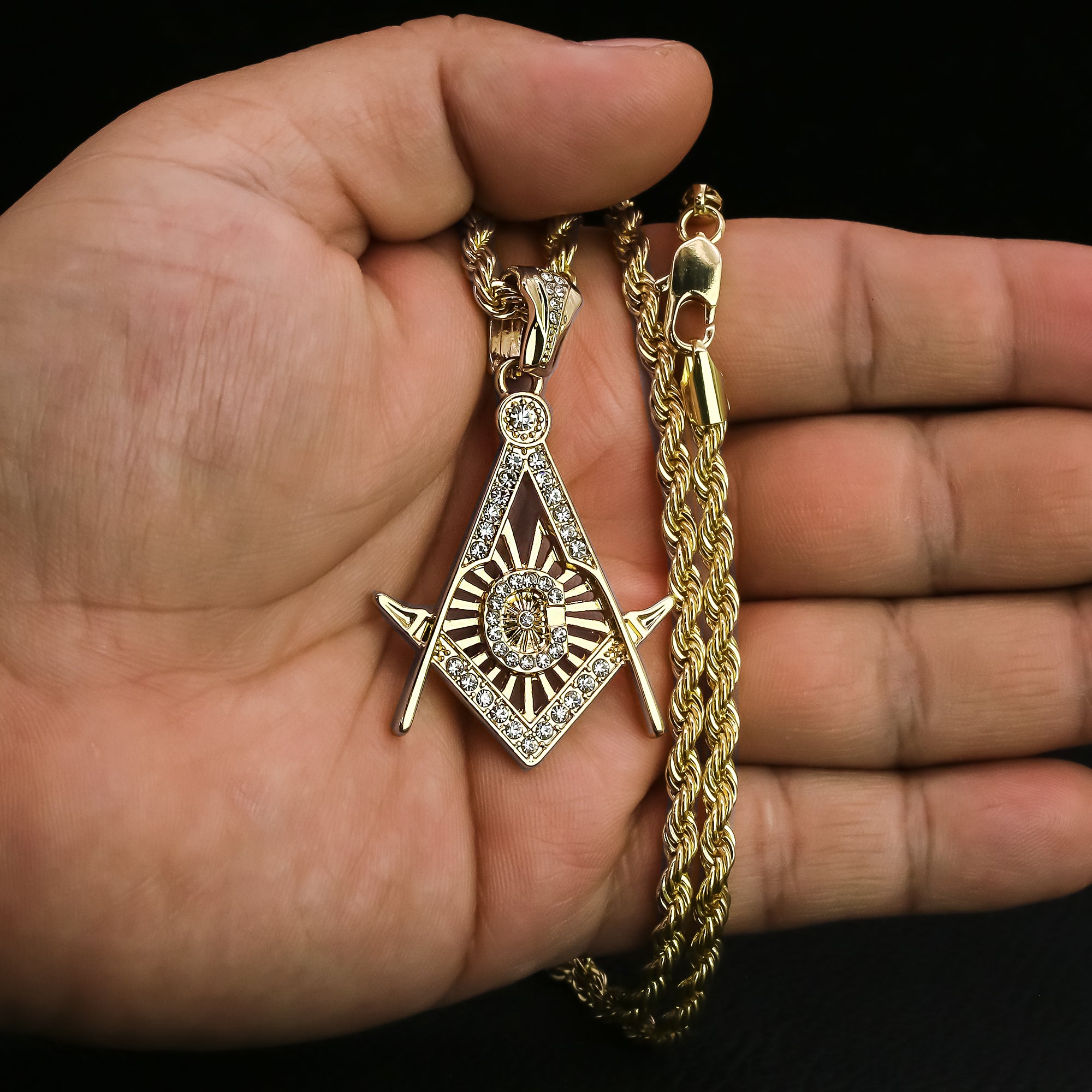 Cz Freemason Charm Pendant 4mm 24" Rope Chain 18k Gold Plated