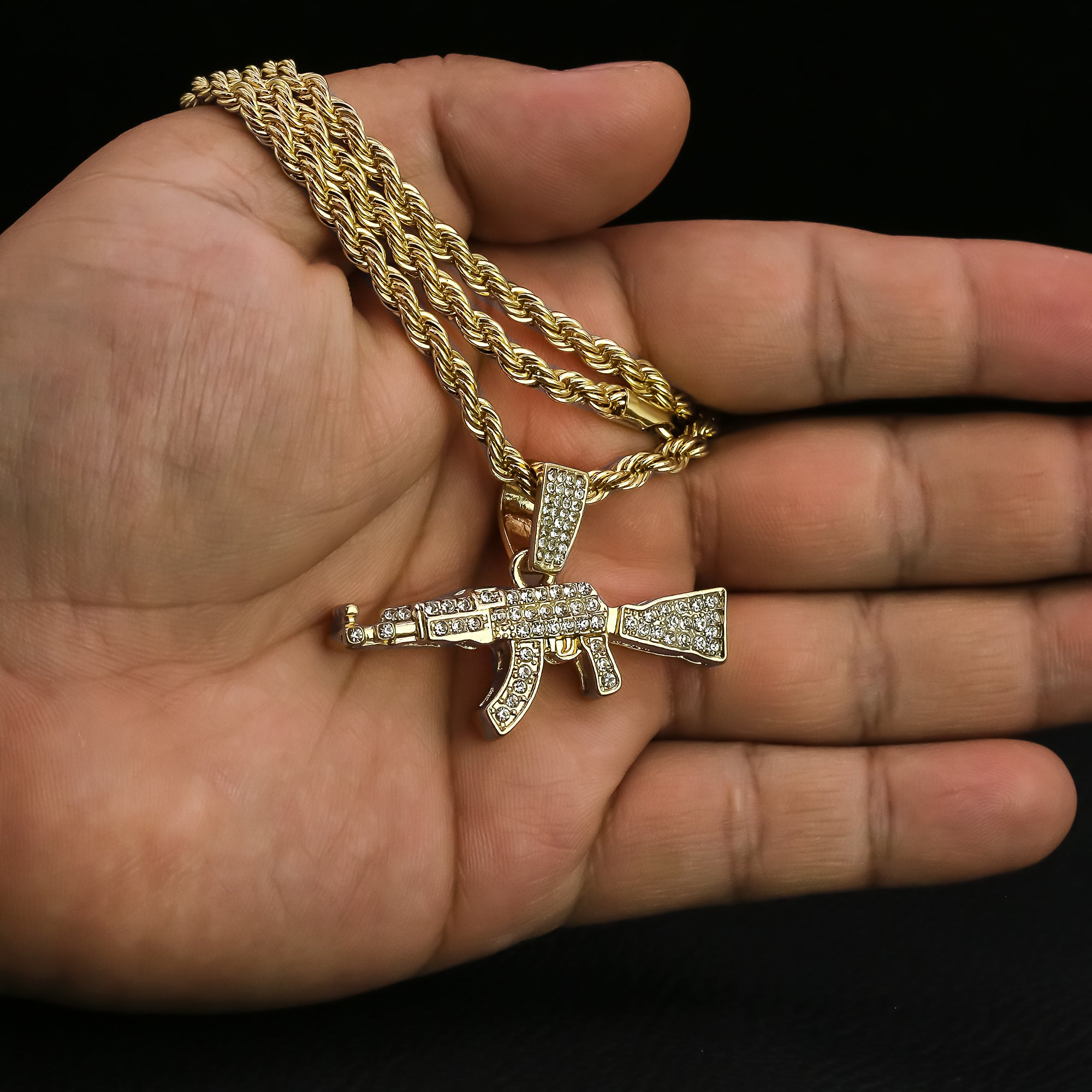 Cz AK47 Charm Pendant 4mm 24" Rope Chain 18k Gold Plated