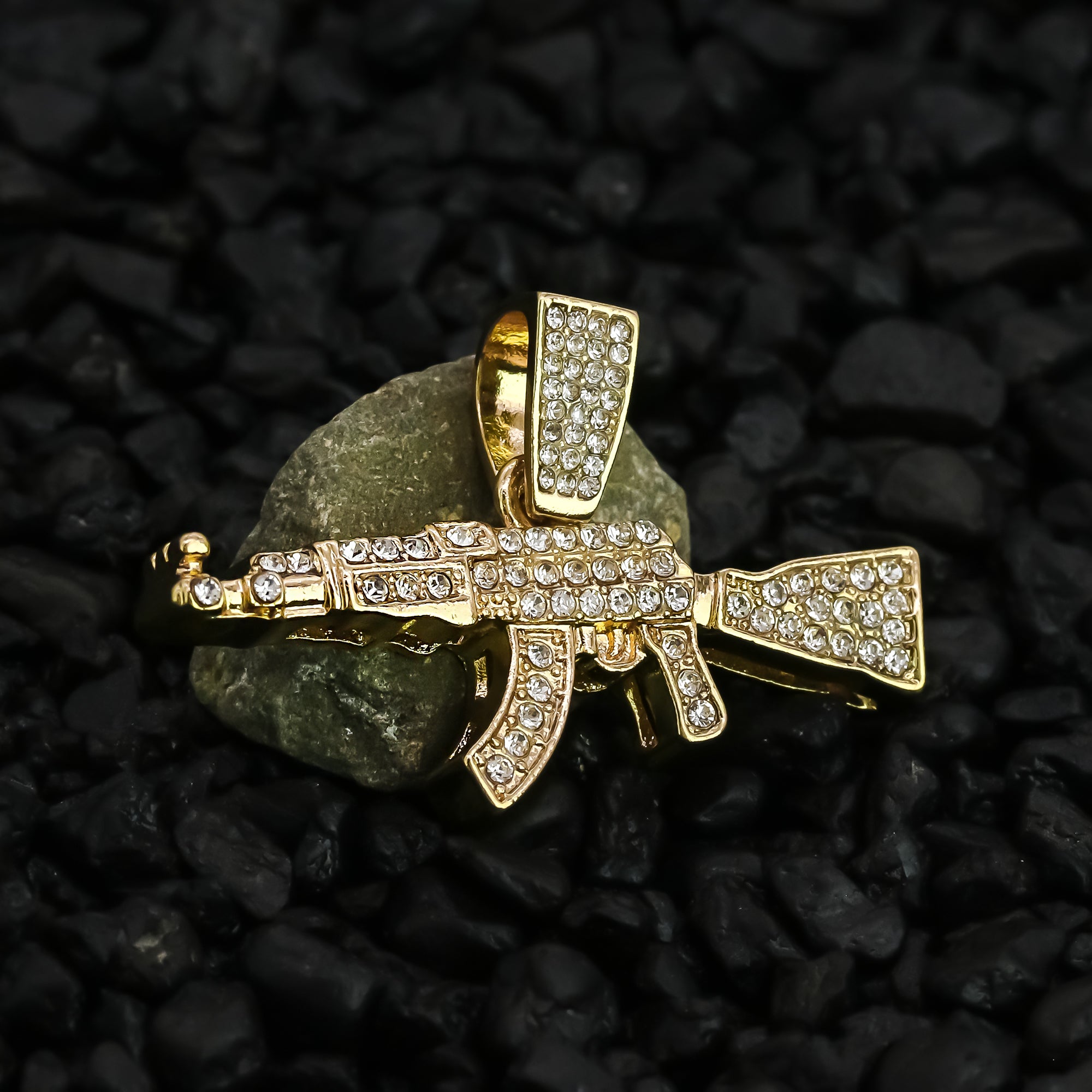 Cz AK47 Charm Pendant 4mm 24" Rope Chain 18k Gold Plated