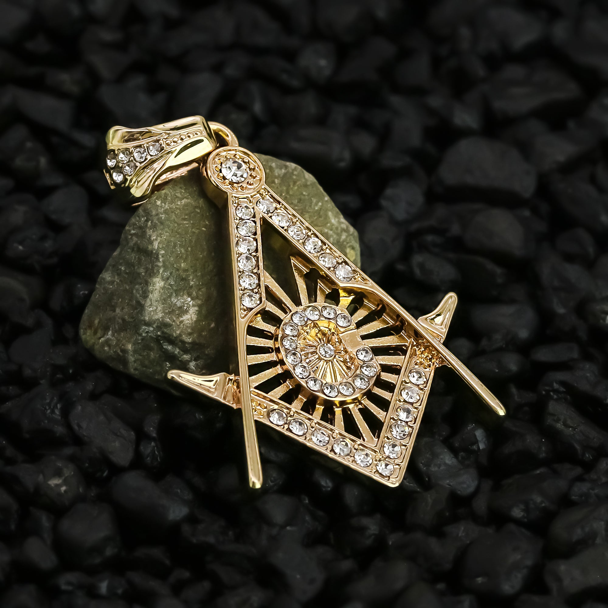 Cz Freemason Charm Pendant 4mm 24" Rope Chain 18k Gold Plated