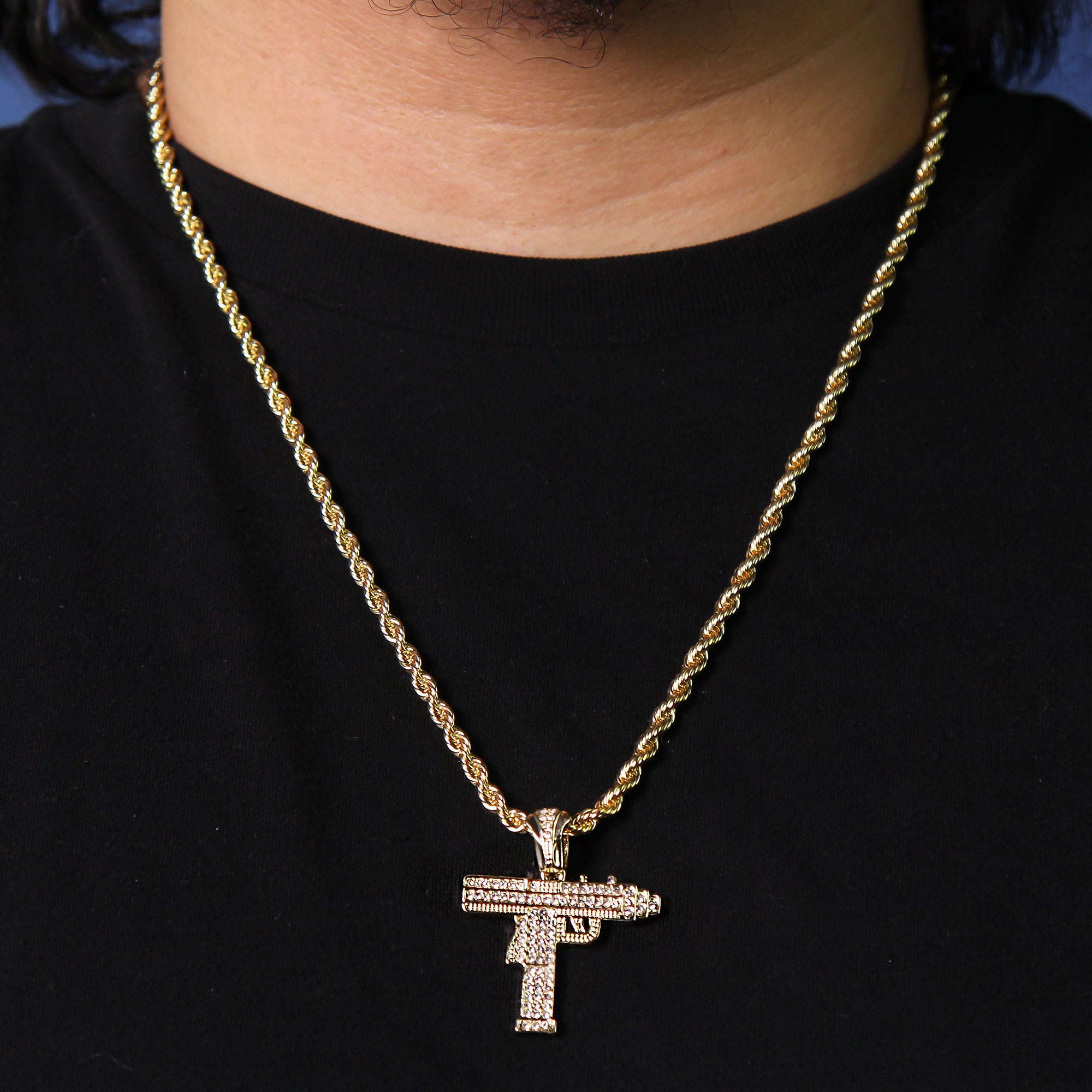 Cz Uzi Gun Pendant 24" Rope Chain Men's Hip Hop Style 18k Jewelry Necklace