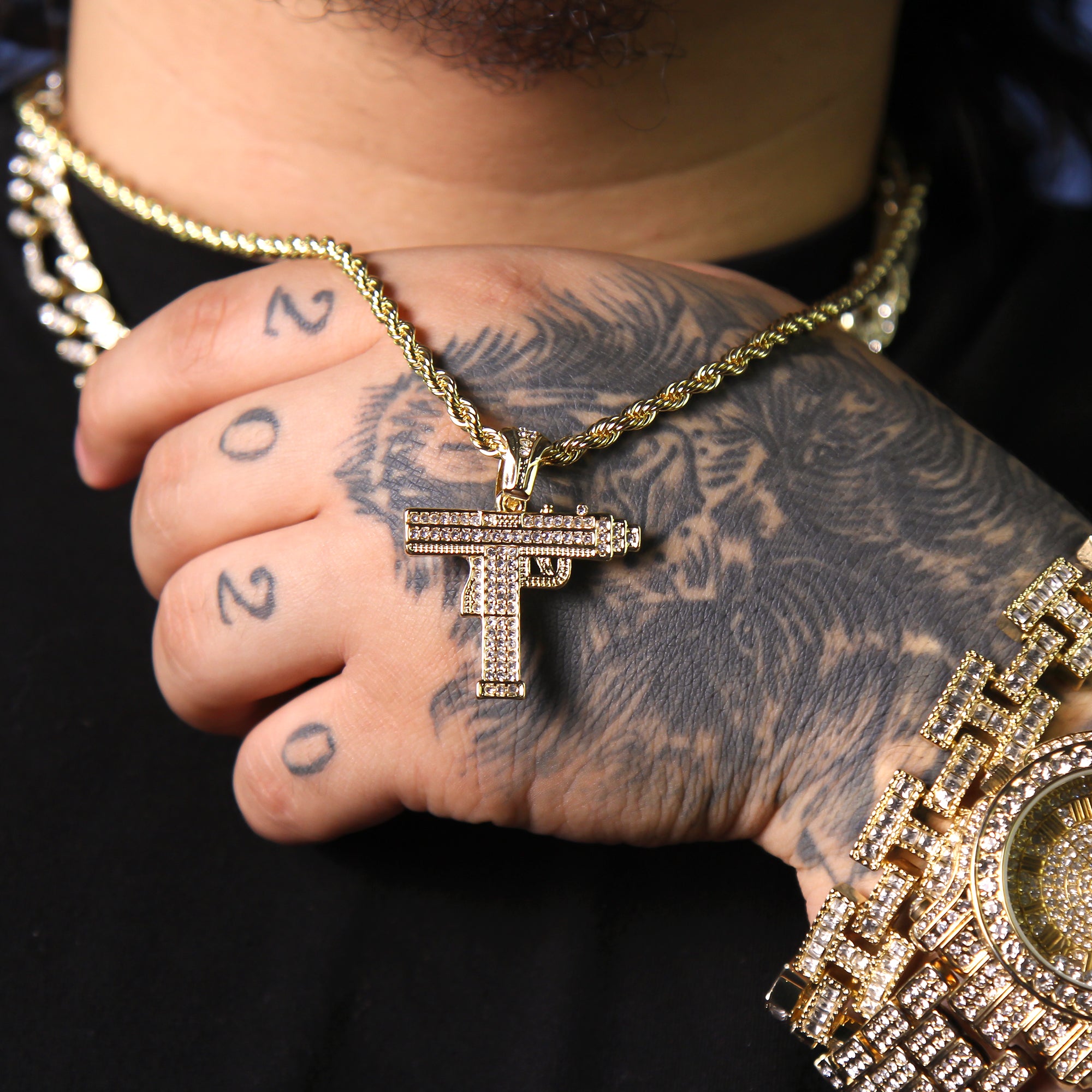 Cz Uzi Gun Pendant 24" Rope Chain Men's Hip Hop Style 18k Jewelry Necklace