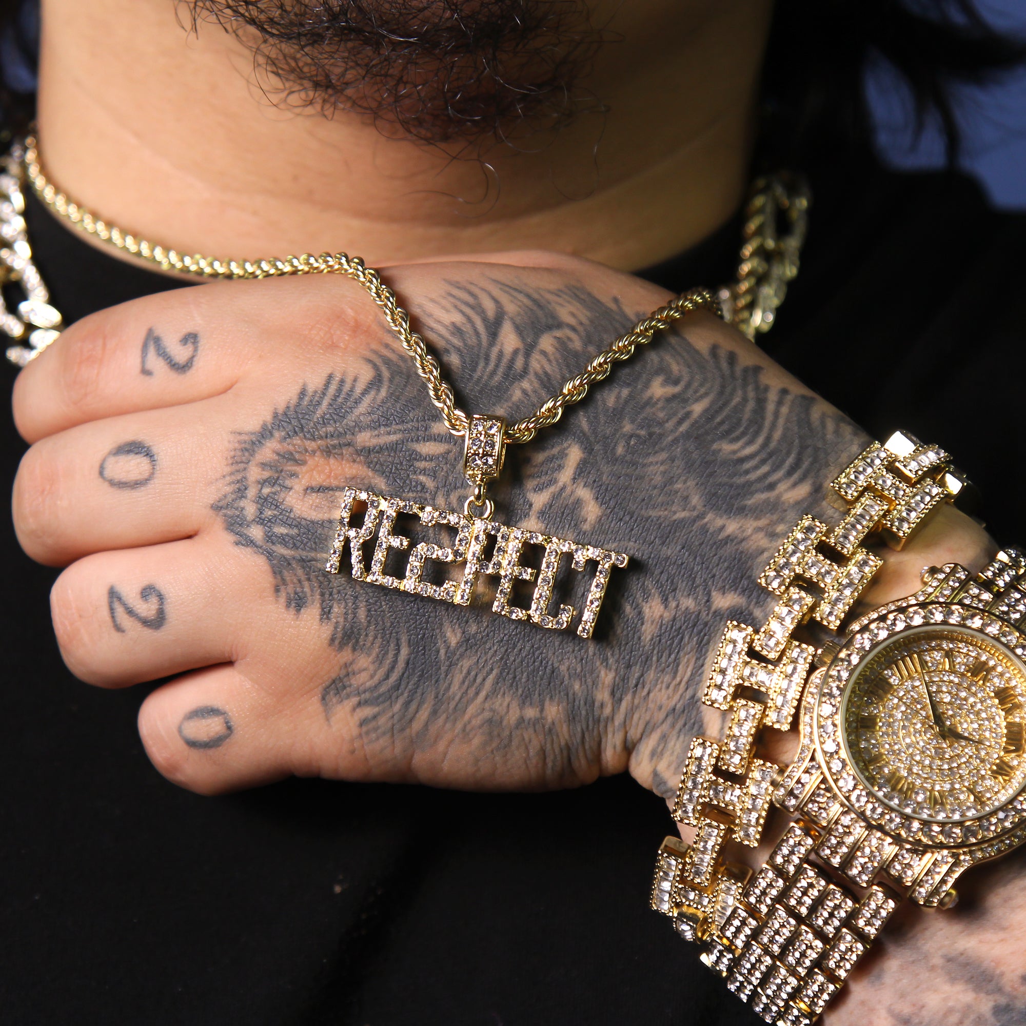 Cz Respect Pendant 24" Rope Chain Men's Hip Hop Style 18k Jewelry Necklace