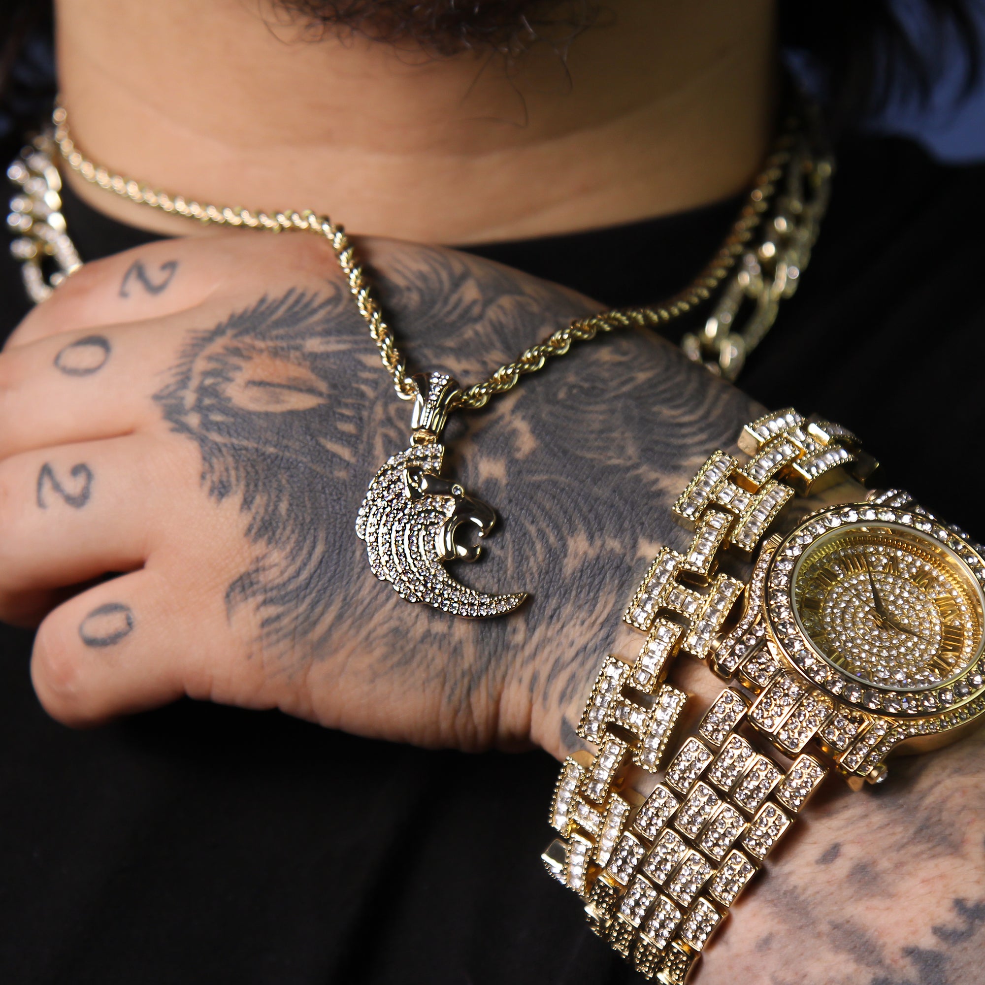 Cz Curved Lion Head Pendant 24" Rope Chain Men's Hip Hop Style 18k Jewelry