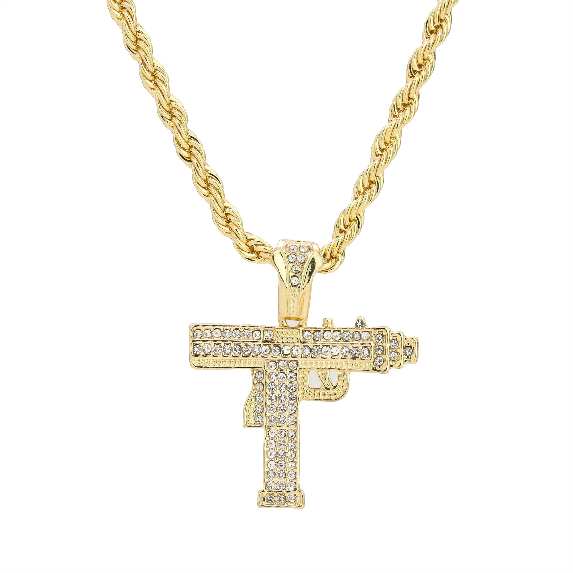 Cz Uzi Gun Pendant 24" Rope Chain Men's Hip Hop Style 18k Jewelry Necklace