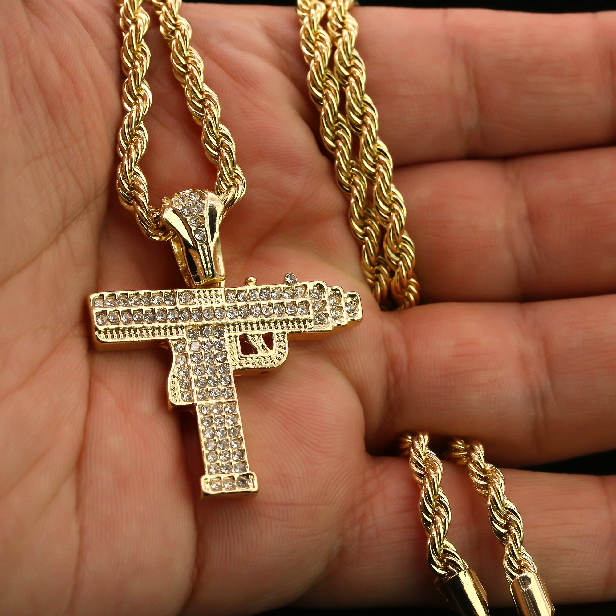 Cz Uzi Gun Pendant 24" Rope Chain Men's Hip Hop Style 18k Jewelry Necklace