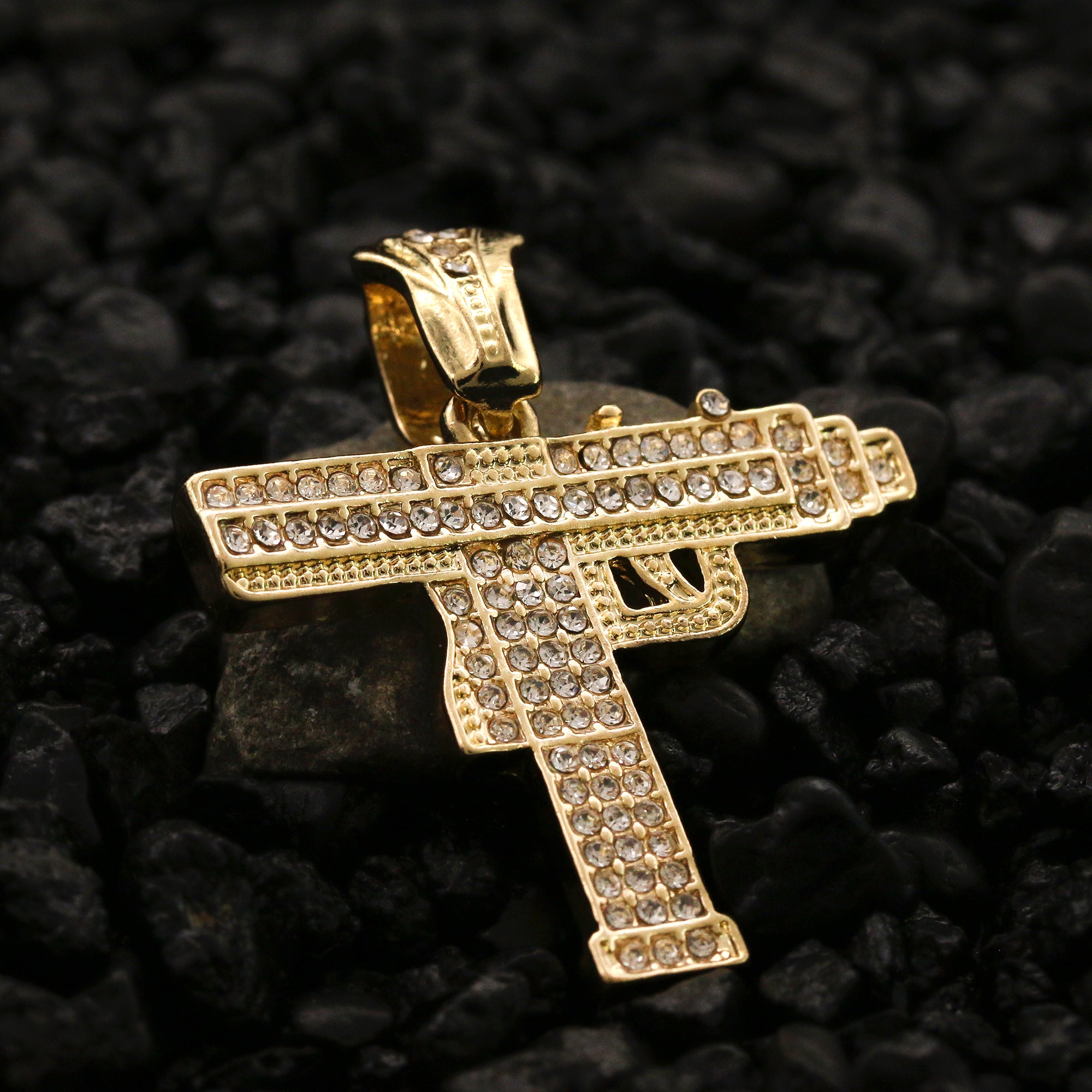Cz Uzi Gun Pendant 24" Rope Chain Men's Hip Hop Style 18k Jewelry Necklace