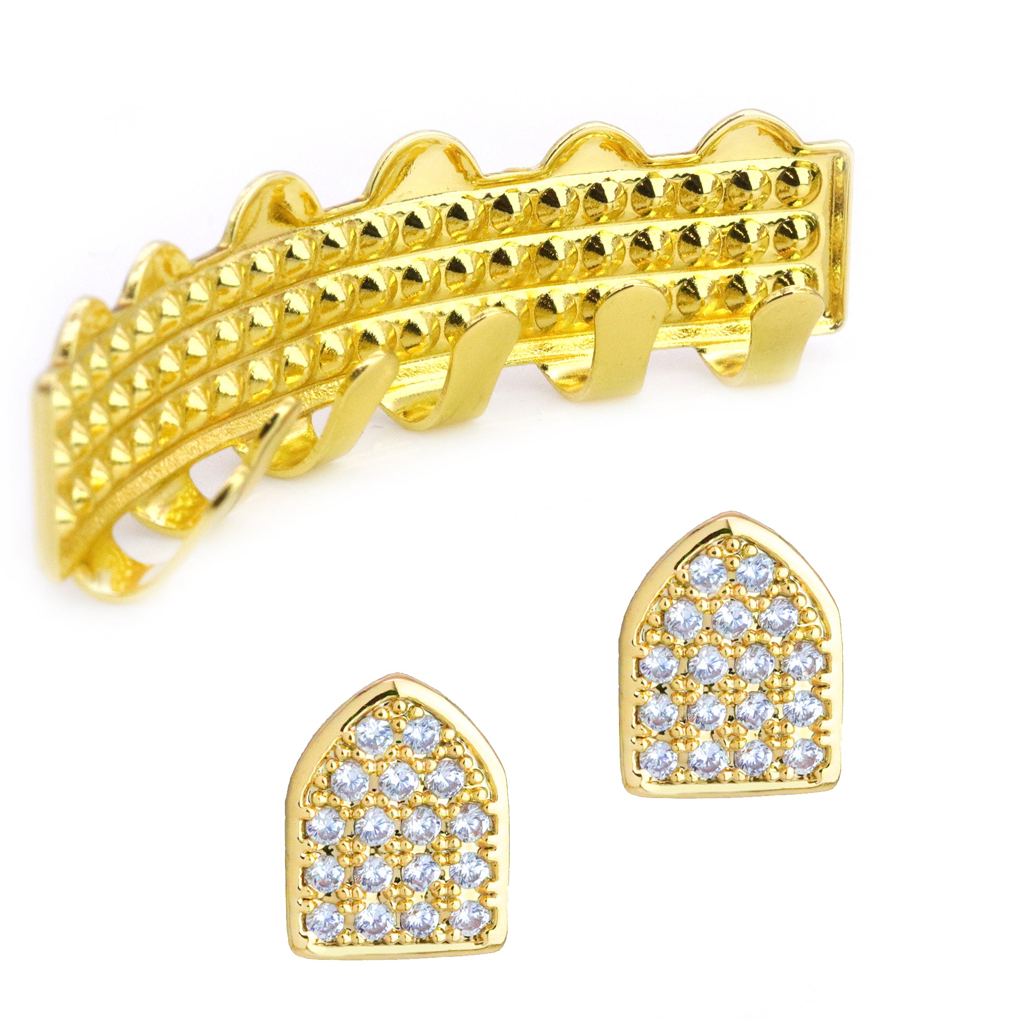 18k GOLD FULLY ICED TOP & SINGLE TOOTH BOTTOM GRILLZ AP