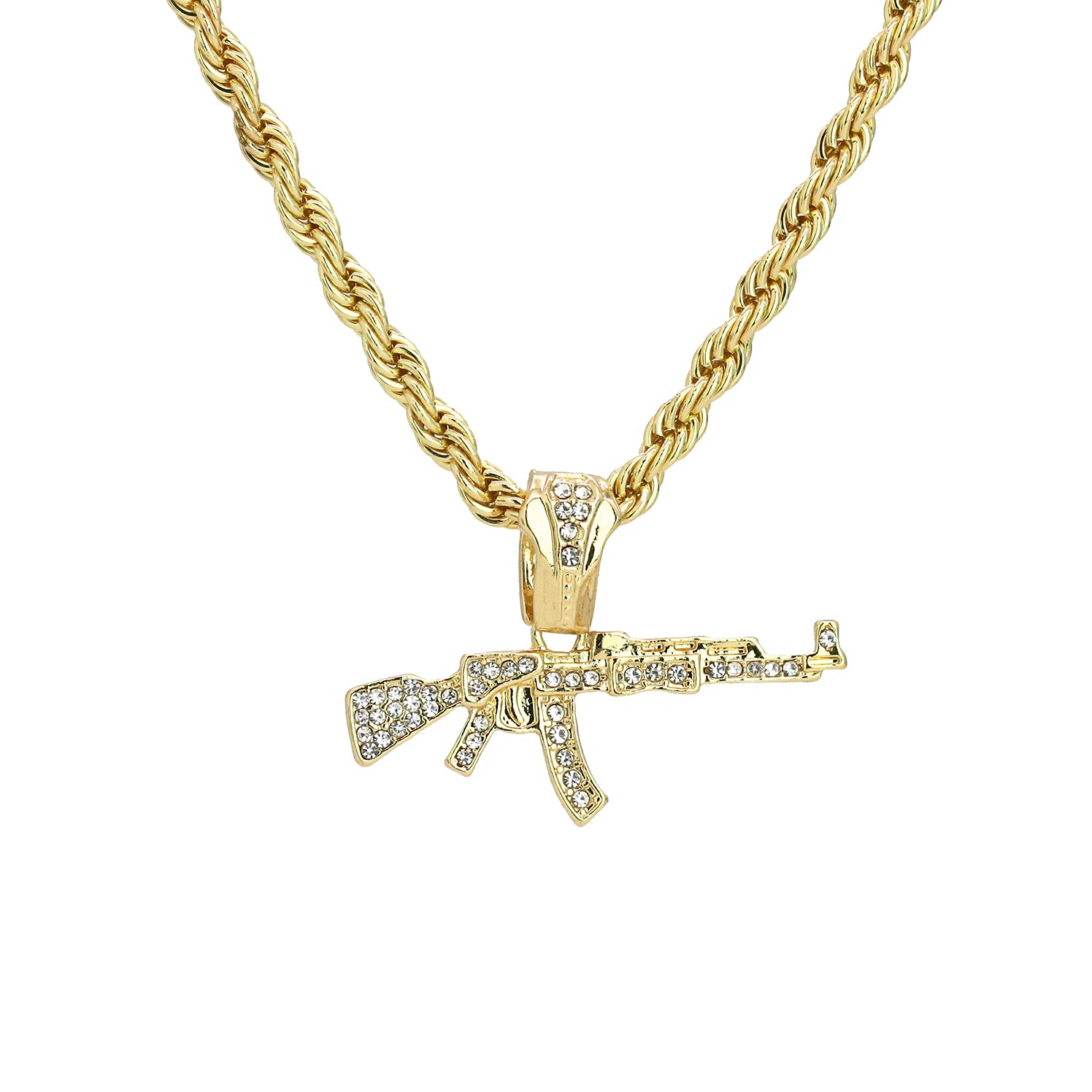 Ak-47 Gun Pendant 24" Rope Chain Men's 18k Gold Plated Jewelry