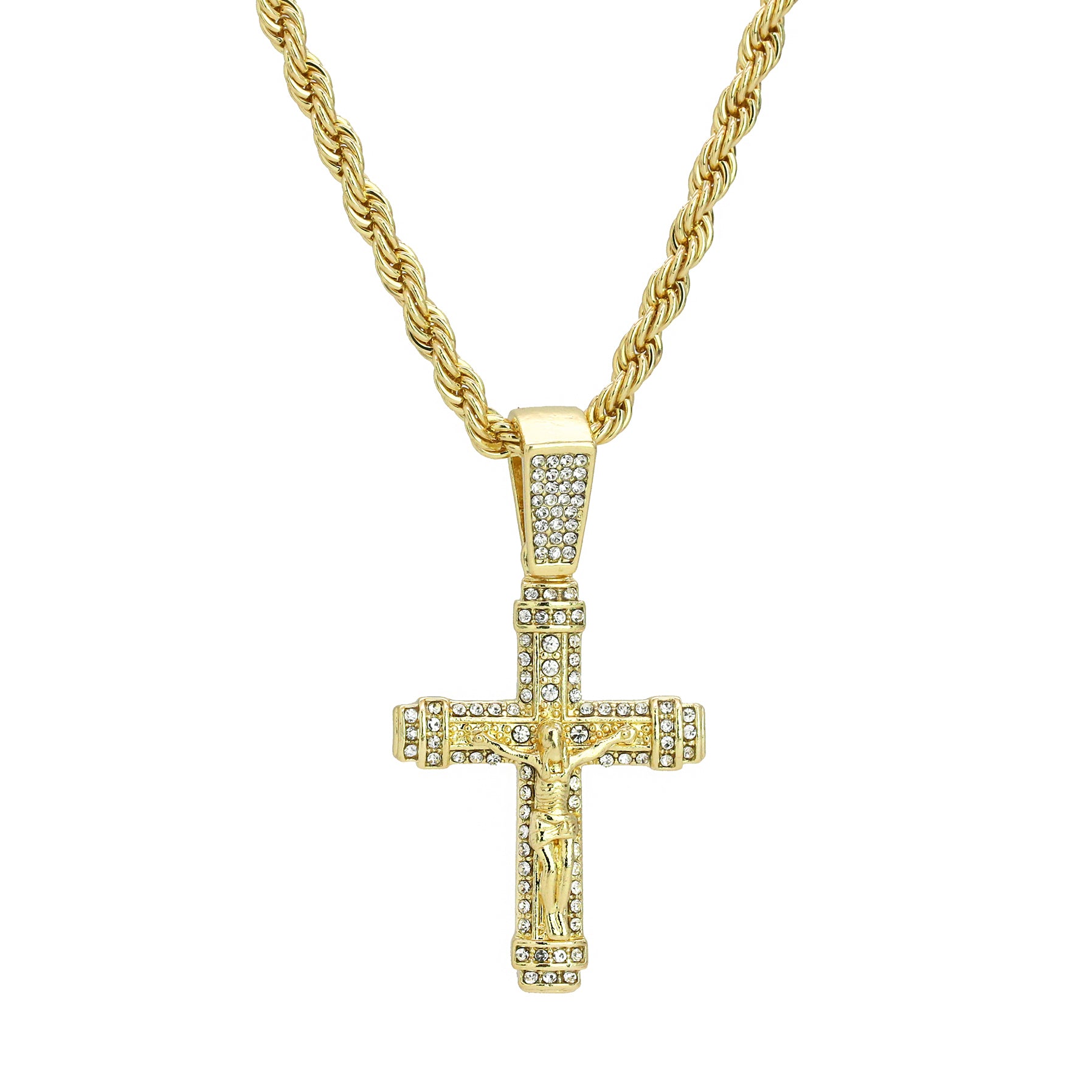 012 Jesus Cross Pendant 24" Rope Chain Men's 18k Gold Plated Jewelry