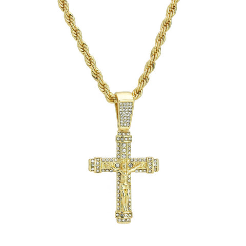 012 Jesus Cross Pendant 24" Rope Chain Men's 18k Gold Plated Jewelry