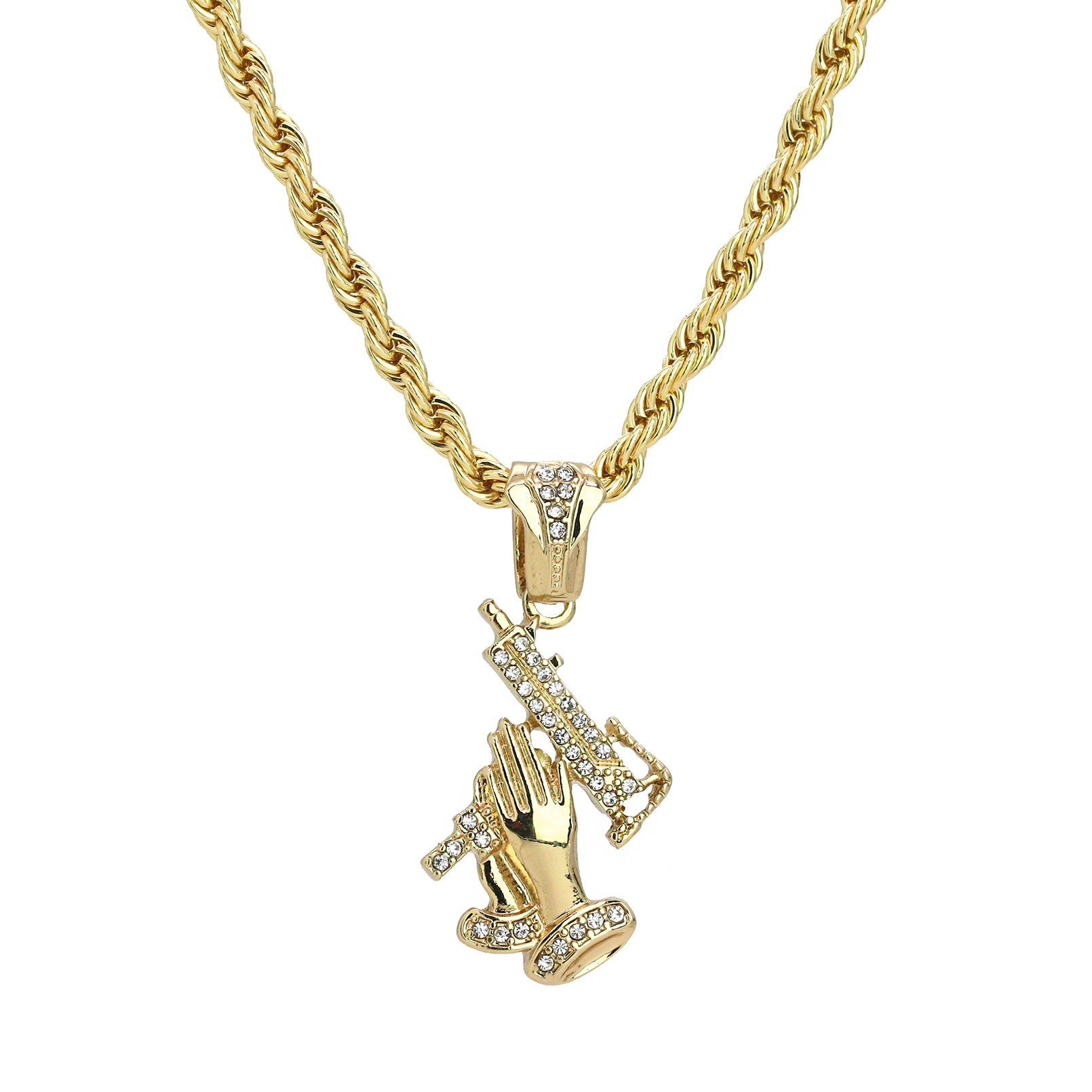 Prayer Hand Uzi Gun Pendant 24" Rope Chain Men's 18k Gold Plated Jewelry