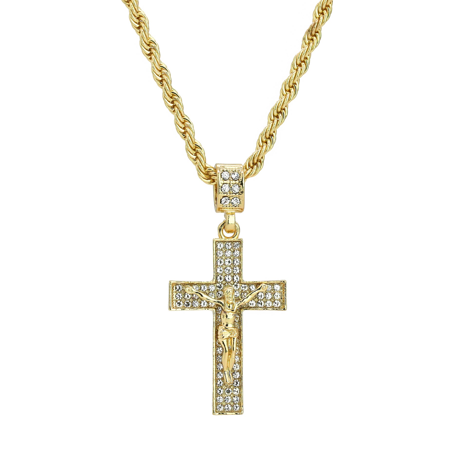 Jesus 3 Row Cross Pendant 24" Rope Chain Men's 18k Gold Plated Jewelry