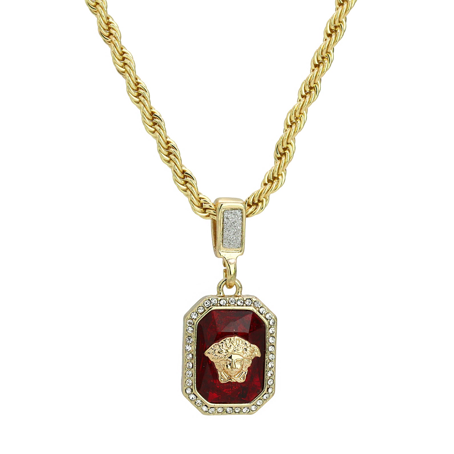 Red Ruby Medusa Face Pendant 24" Rope Chain Men's 18k Gold Plated Jewelry