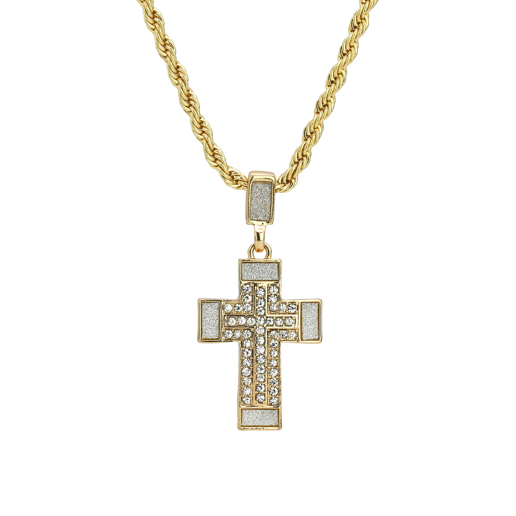 Stardust Stample Cross Pendant 24" Rope Chain Men's 18k Gold Plated Jewelry