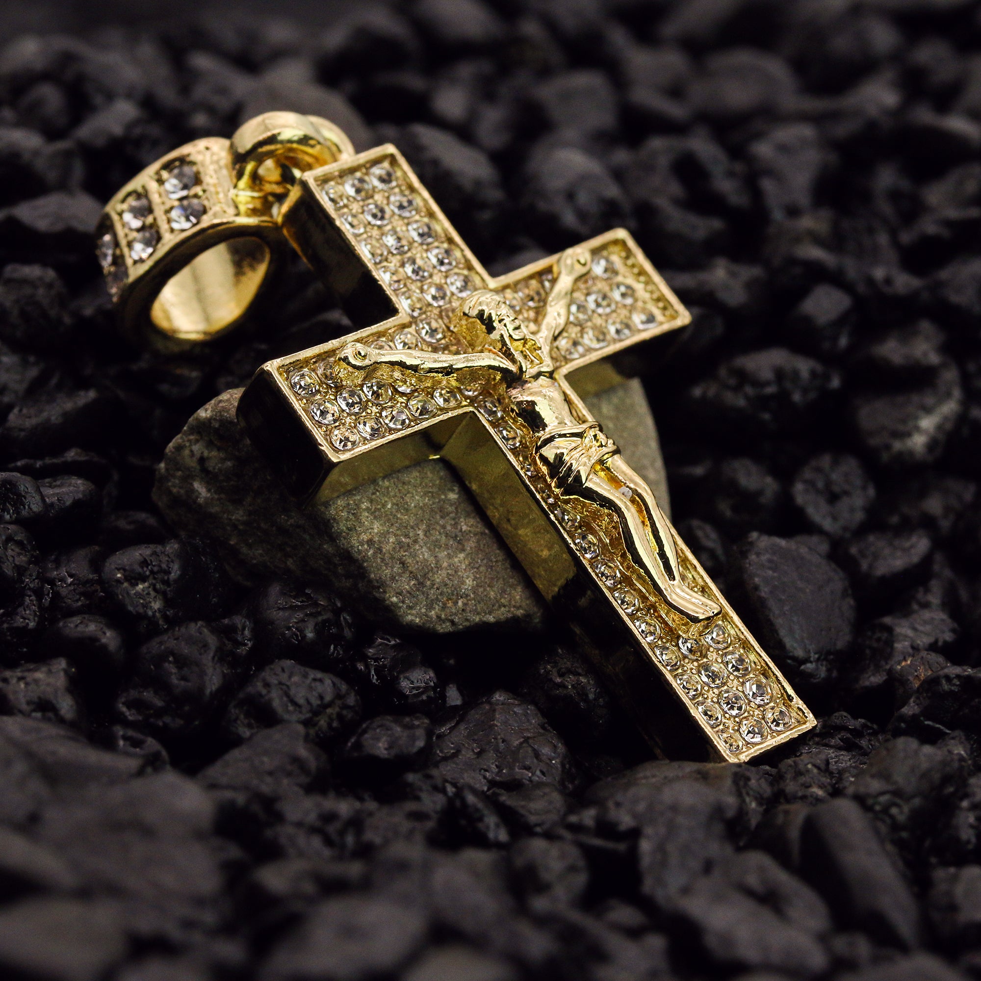 Jesus 3 Row Cross Pendant 24" Rope Chain Men's 18k Gold Plated Jewelry