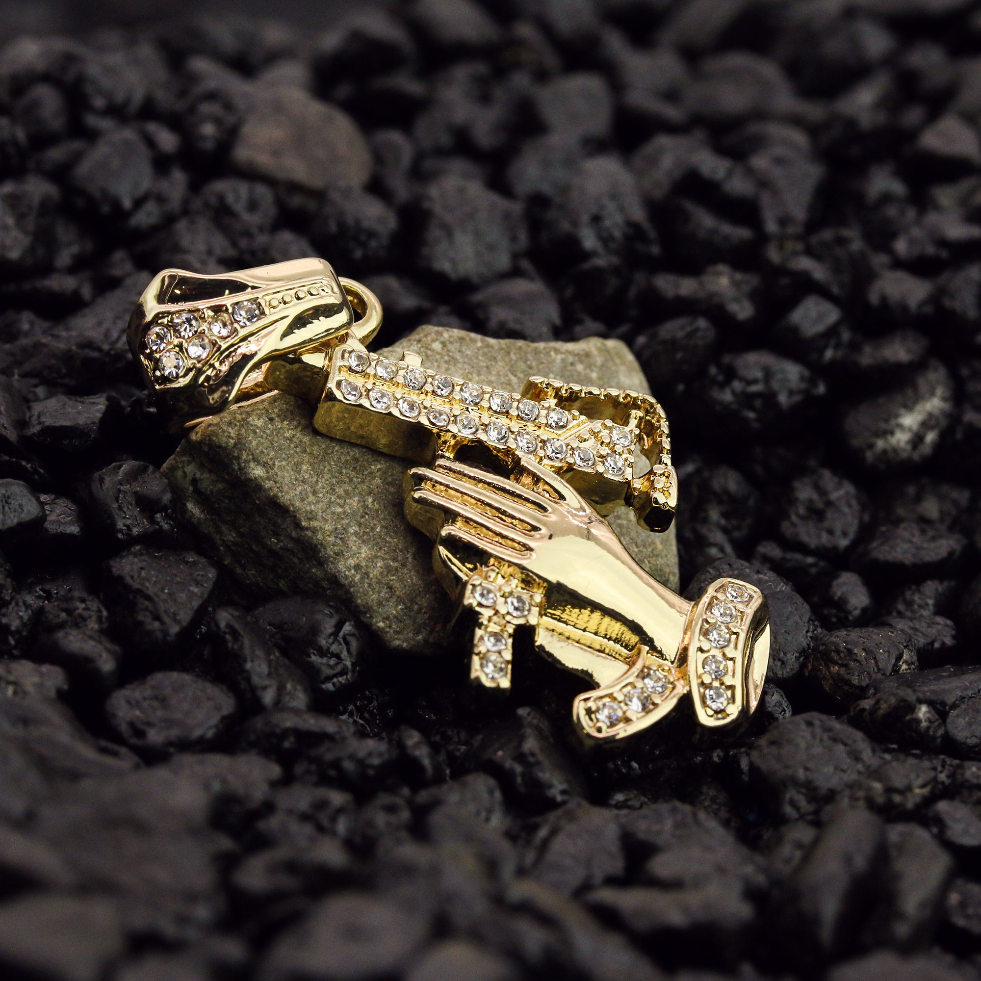 Prayer Hand Uzi Gun Pendant 24" Rope Chain Men's 18k Gold Plated Jewelry