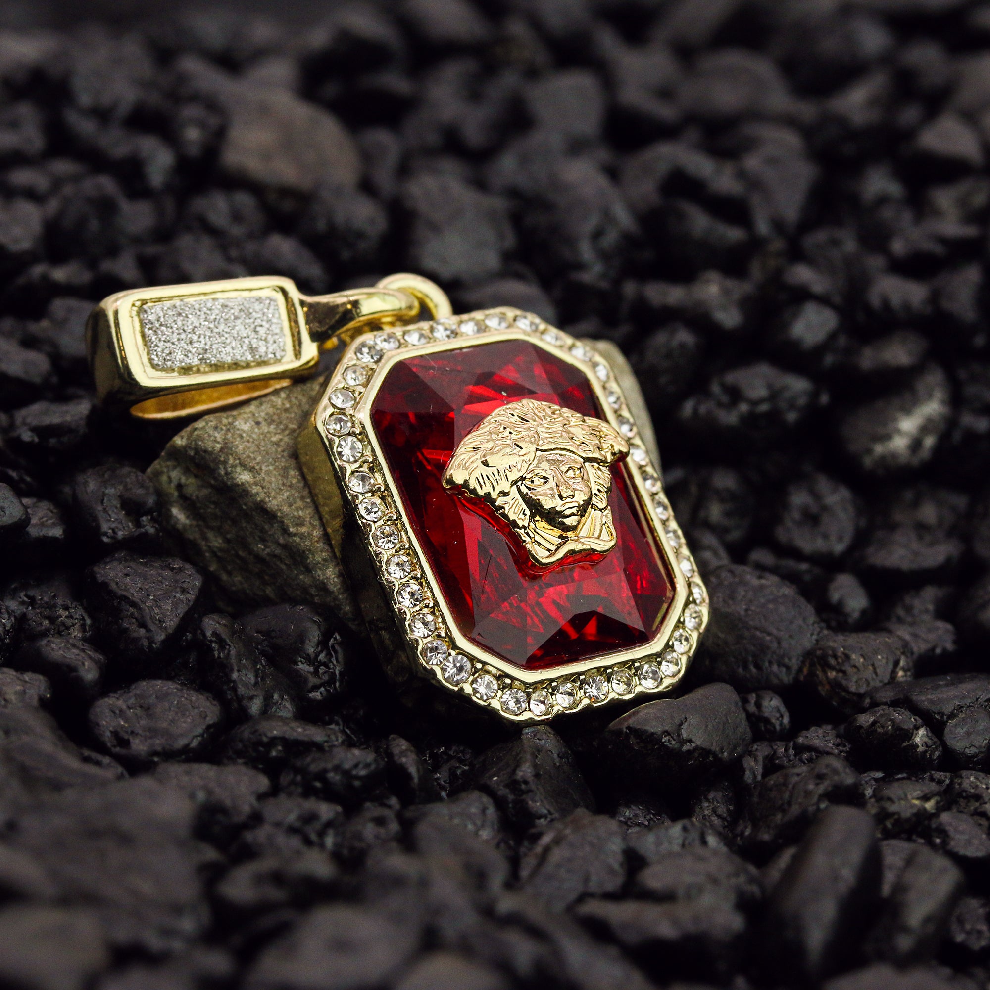 Red Ruby Medusa Face Pendant 24" Rope Chain Men's 18k Gold Plated Jewelry