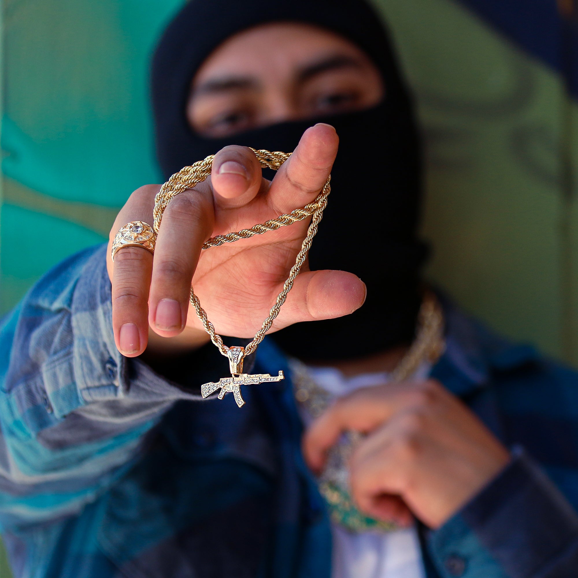 Ak-47 Gun Pendant 24" Rope Chain Men's 18k Gold Plated Jewelry