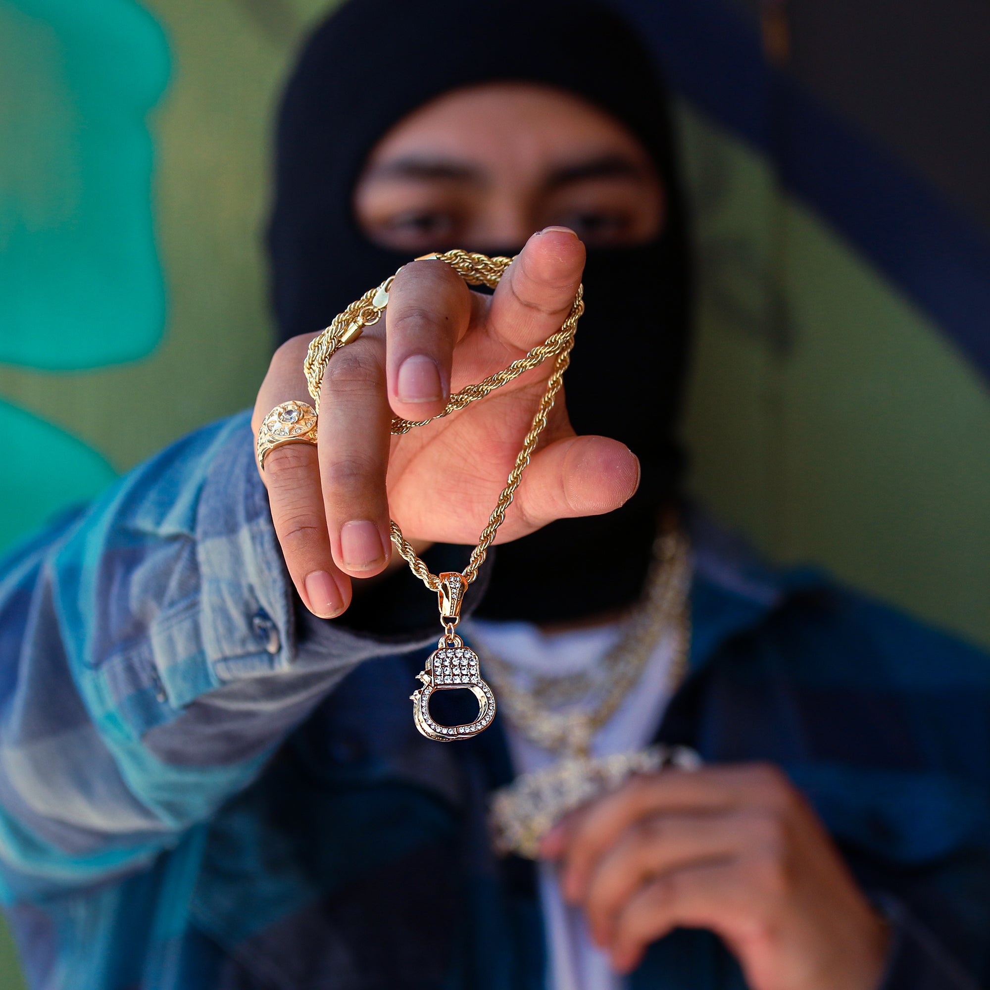 Iced Handcuff Pendant 24" Rope Chain Men's 18k Gold Plated Jewelry