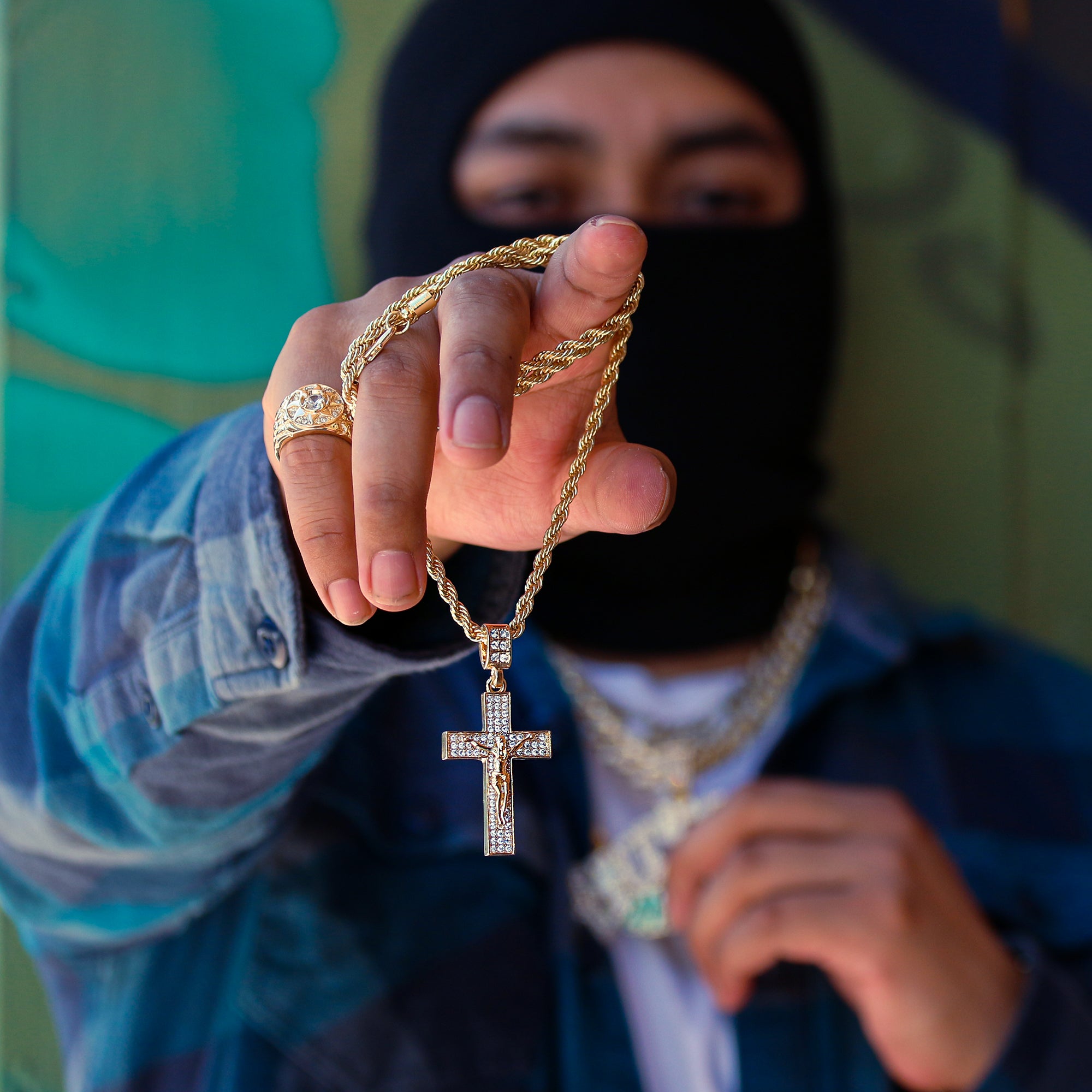 Jesus 3 Row Cross Pendant 24" Rope Chain Men's 18k Gold Plated Jewelry