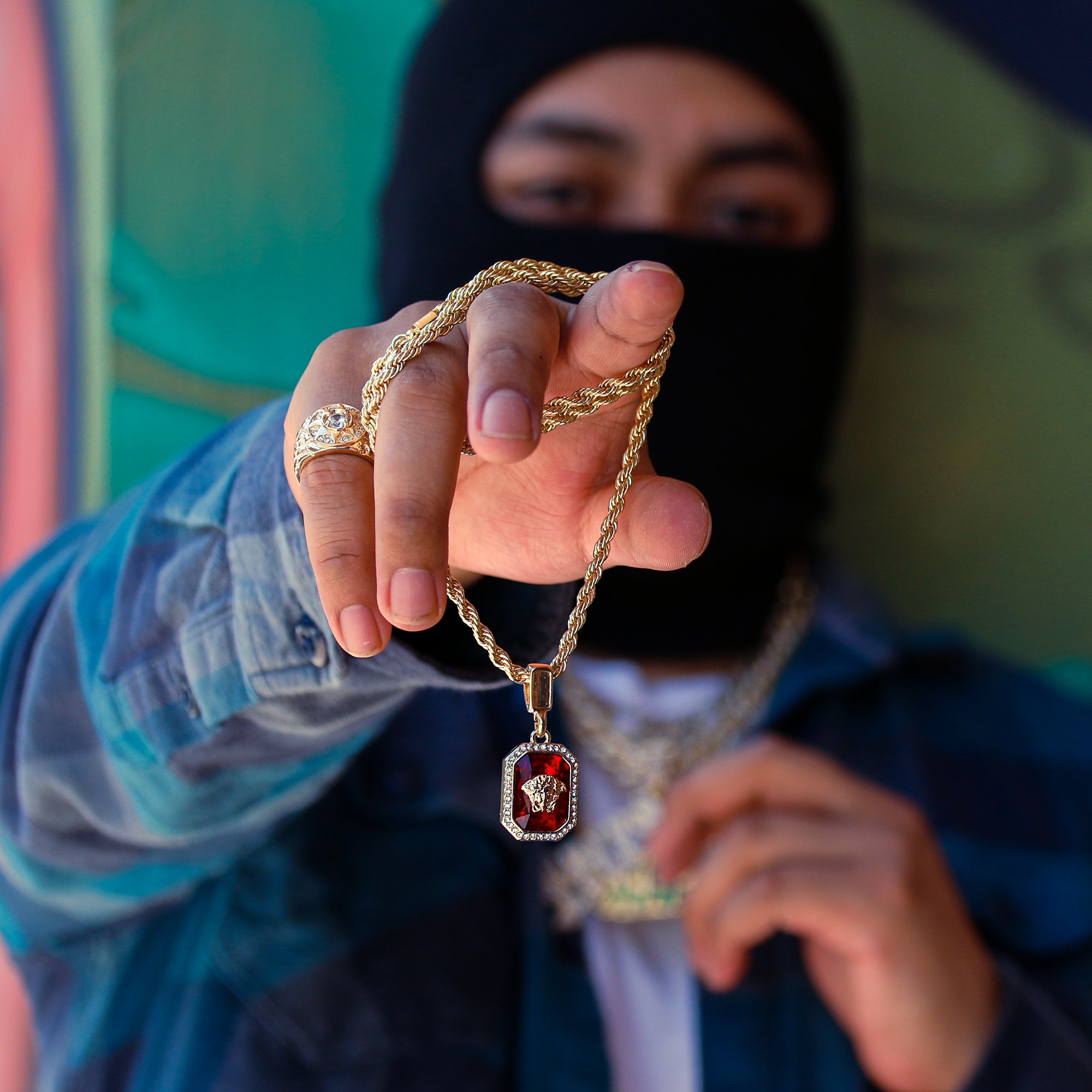 Red Ruby Medusa Face Pendant 24" Rope Chain Men's 18k Gold Plated Jewelry