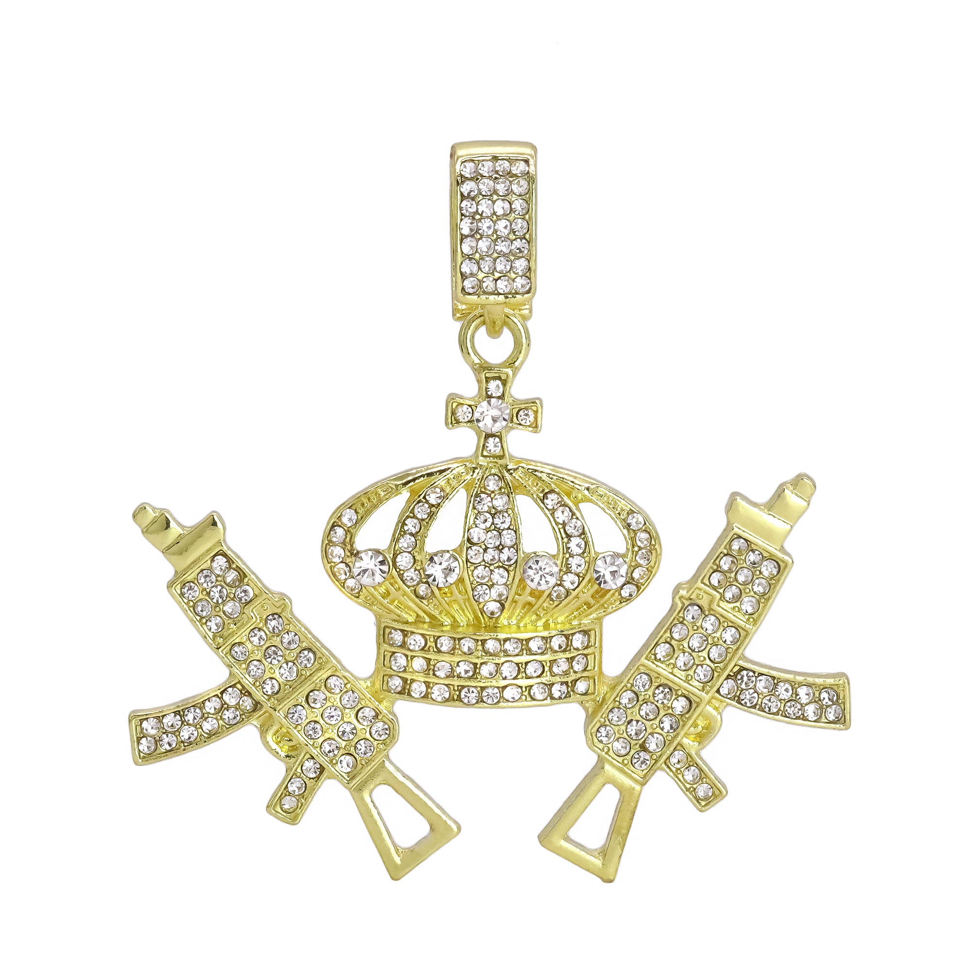 Hip Hop Iced Lab Diamond 18k Gold plated Crown AK47 Gun Charm Pendant