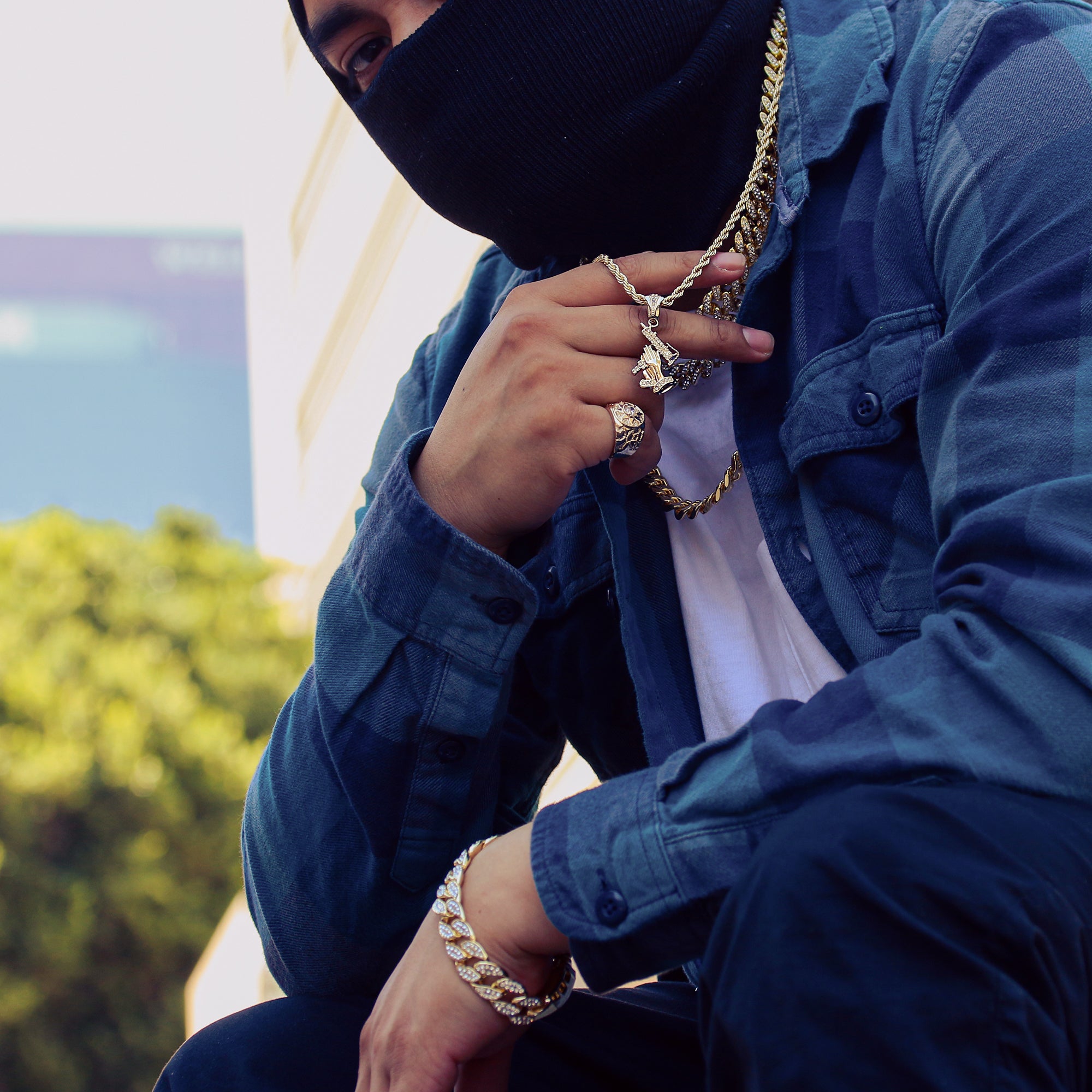 Prayer Hand Uzi Gun Pendant 24" Rope Chain Men's 18k Gold Plated Jewelry