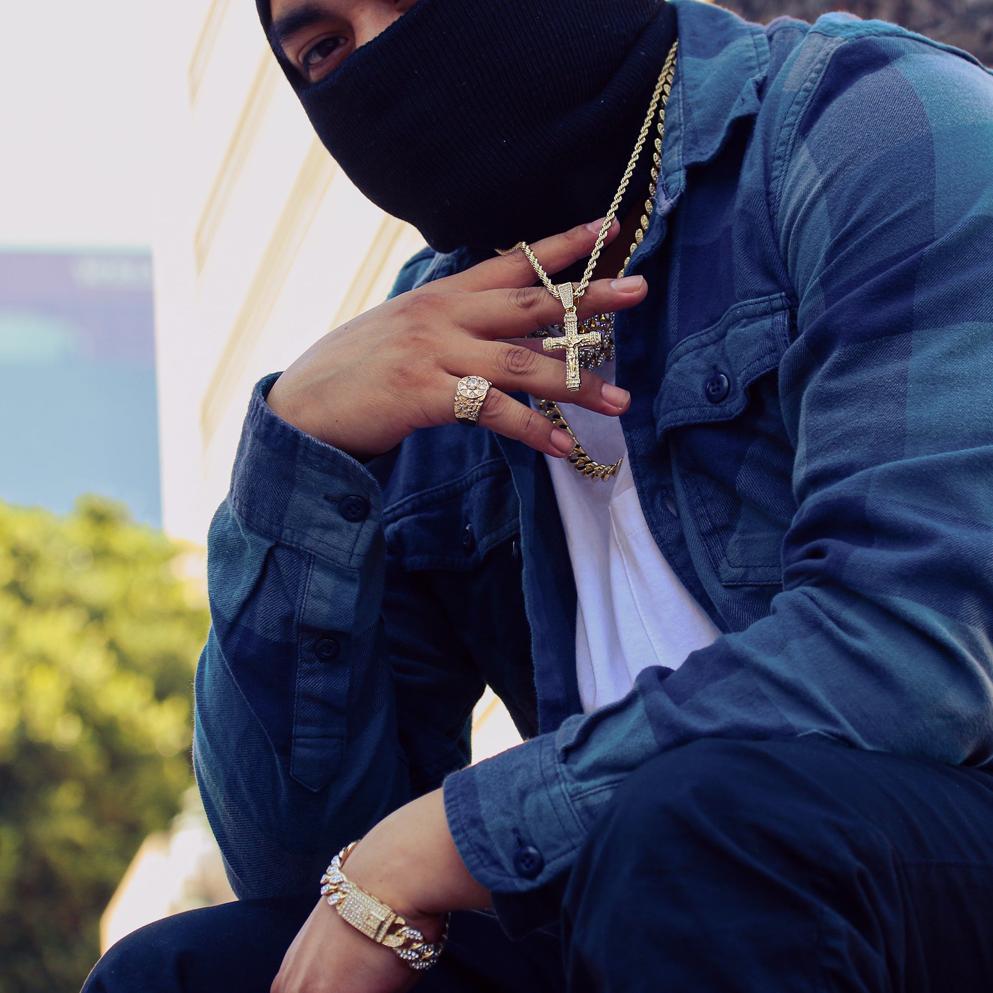 012 Jesus Cross Pendant 24" Rope Chain Men's 18k Gold Plated Jewelry